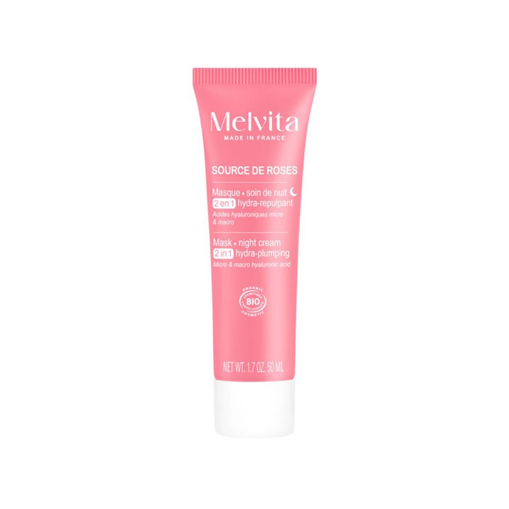 Tube rose. Melvita Source de Roses Crème Nuit Hydra Repulpante. Certifié bio. 50 ml.