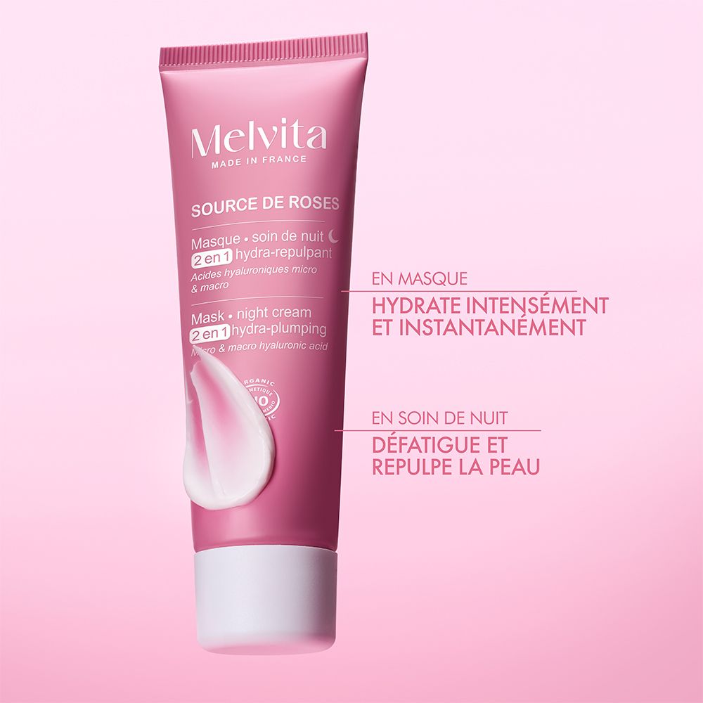 Tube rose. Melvita Source de Roses. Texte et illustration produit. Textes: Hydratation, Repulpant.
