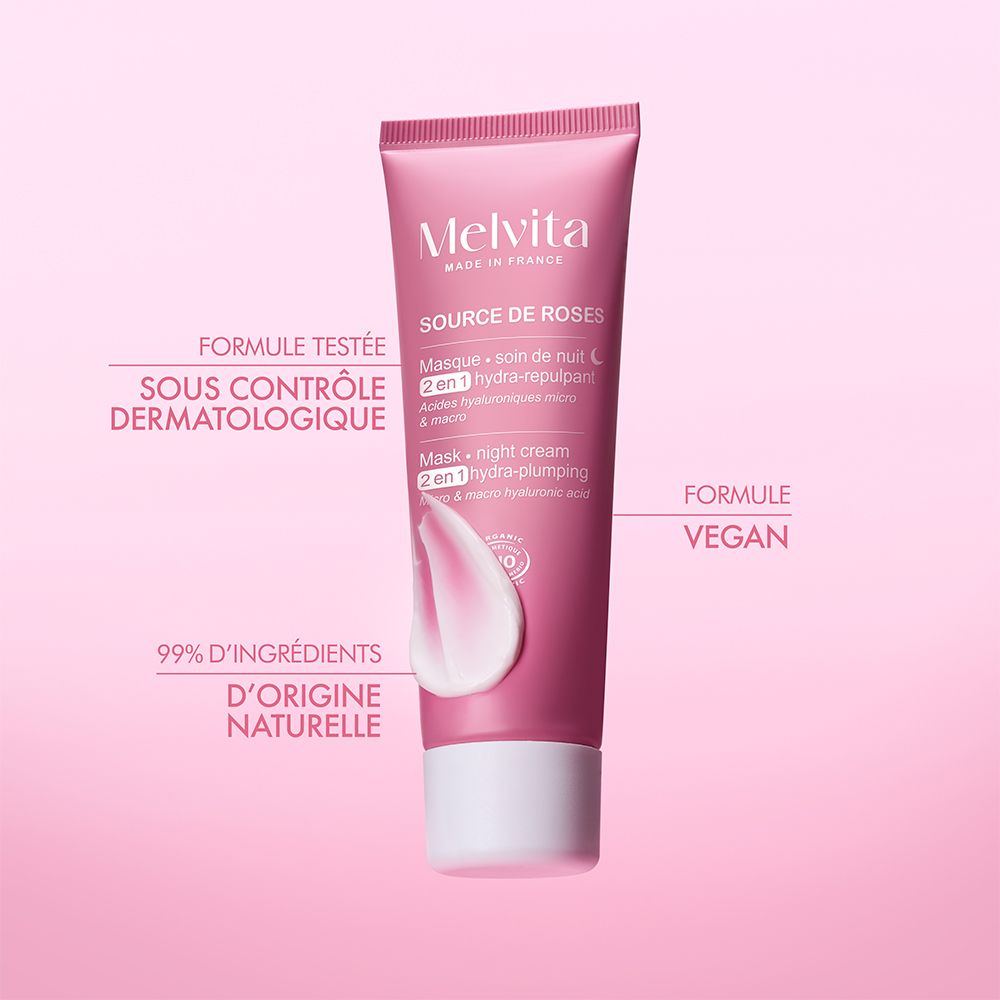 Tube rose. Melvita Source de Roses. Texte: Testé dermatologiquement, formule vegan, 99% ingrédients naturels.