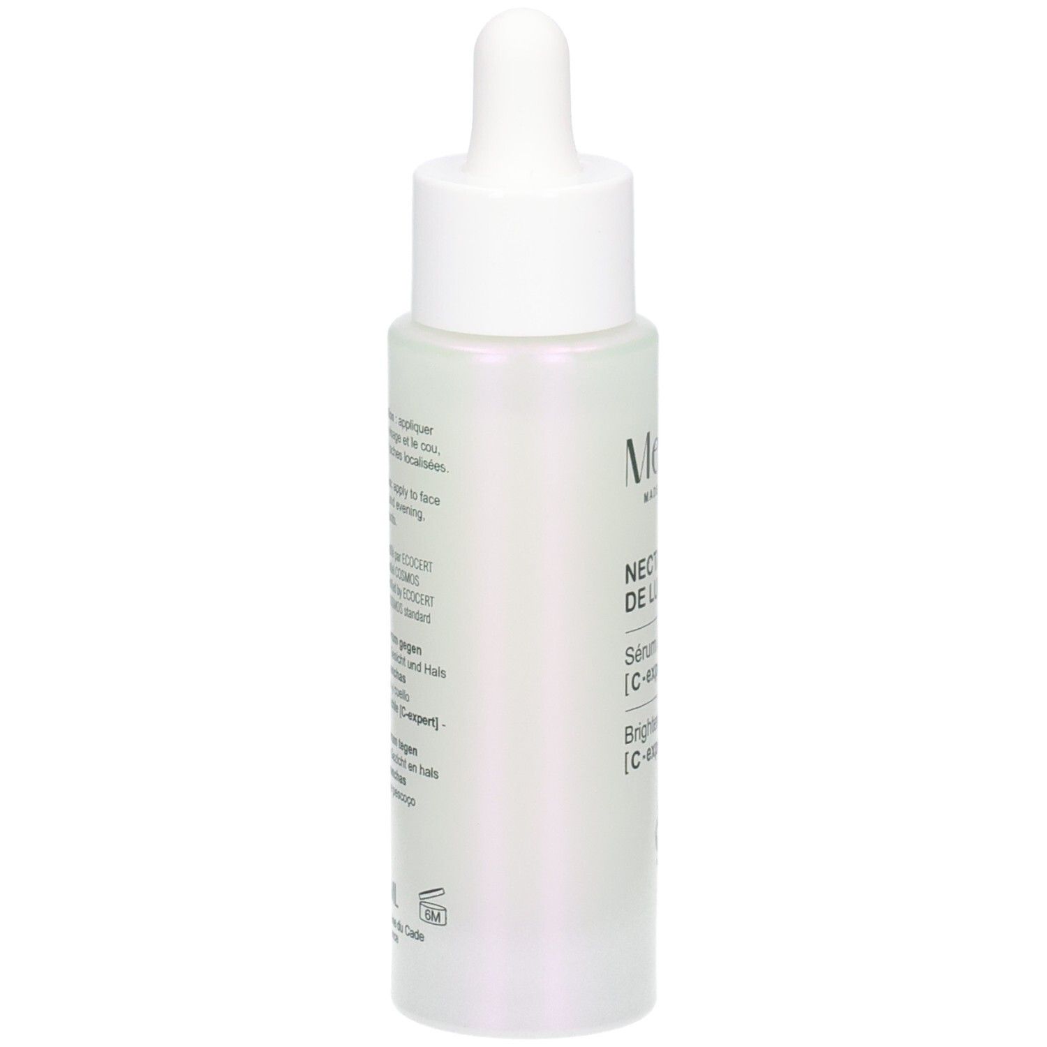 Flacon de sérum, dos avec texte. Inscriptions: Nectar de Lumière, Sérum anti-taches, C-expert, Brightening serum, C-expert. Texte multilingue.