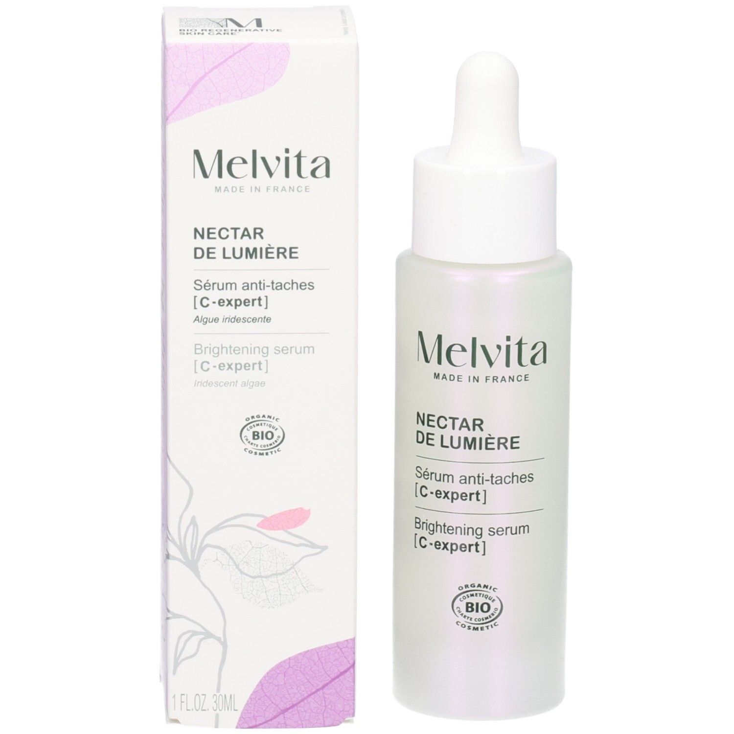 Flacon de sérum et boîte. Inscriptions: Melvita, Nectar de Lumière, Sérum anti-taches, C-expert, Brightening serum, C-expert. Label bio.