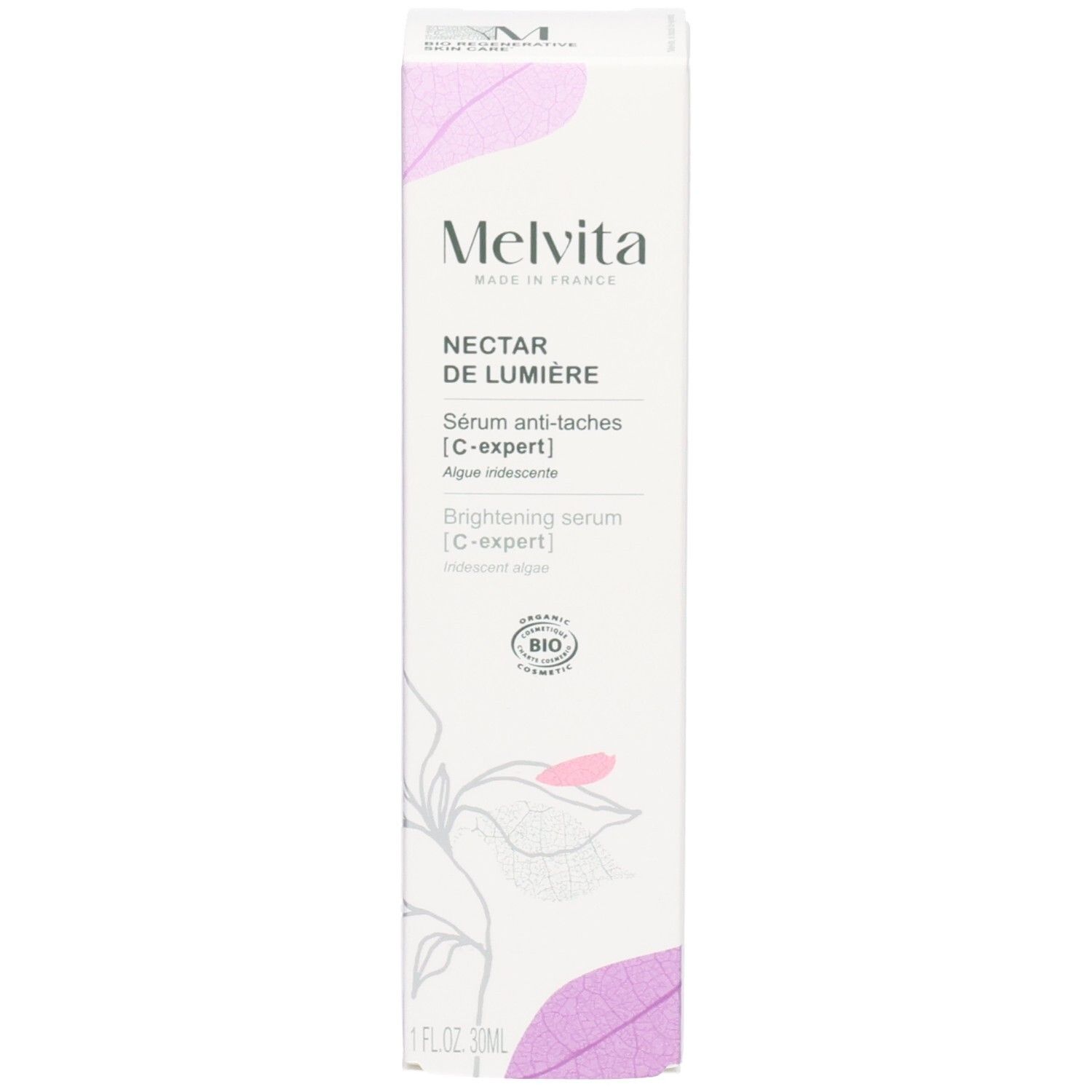 Boîte avec inscriptions: Melvita, Nectar de Lumière, Sérum anti-taches, C-expert, Brightening serum, C-expert. Label bio.