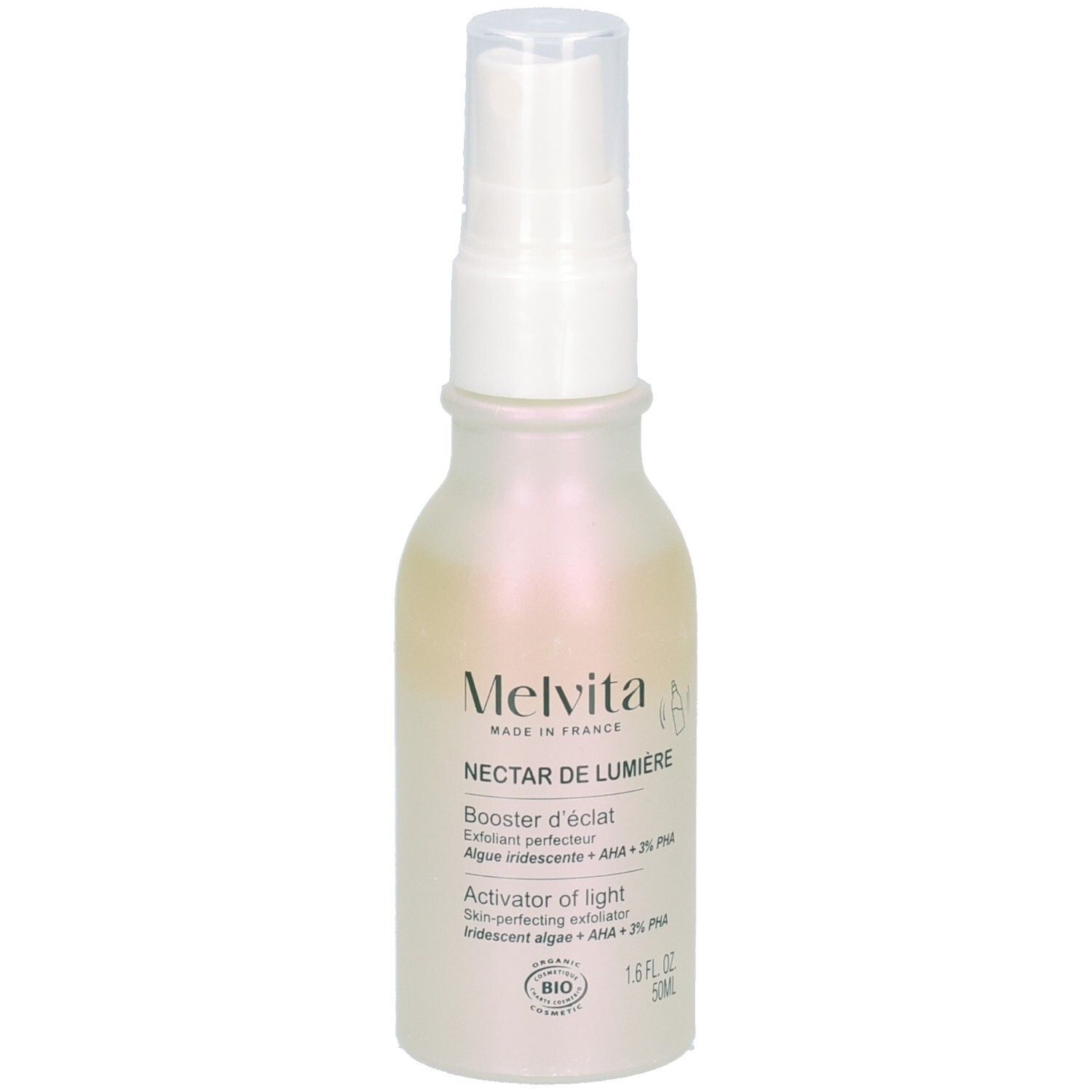 Flacon avec vaporisateur. Inscriptions: MELVITA, NECTAR DE LUMIERE, Booster d'éclat, Activator of light. Certification BIO.