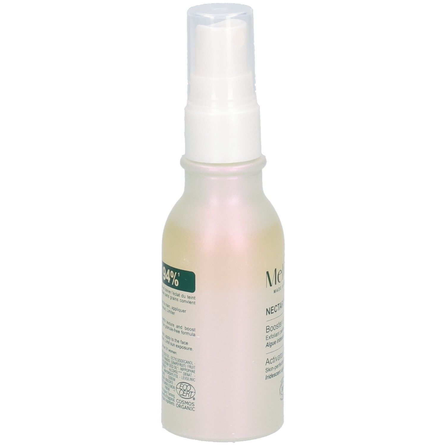 Flacon, vue arrière oblique. Inscription: 94%. Texte sur les ingrédients et l'utilisation. Certification COSMOS ORGANIC.