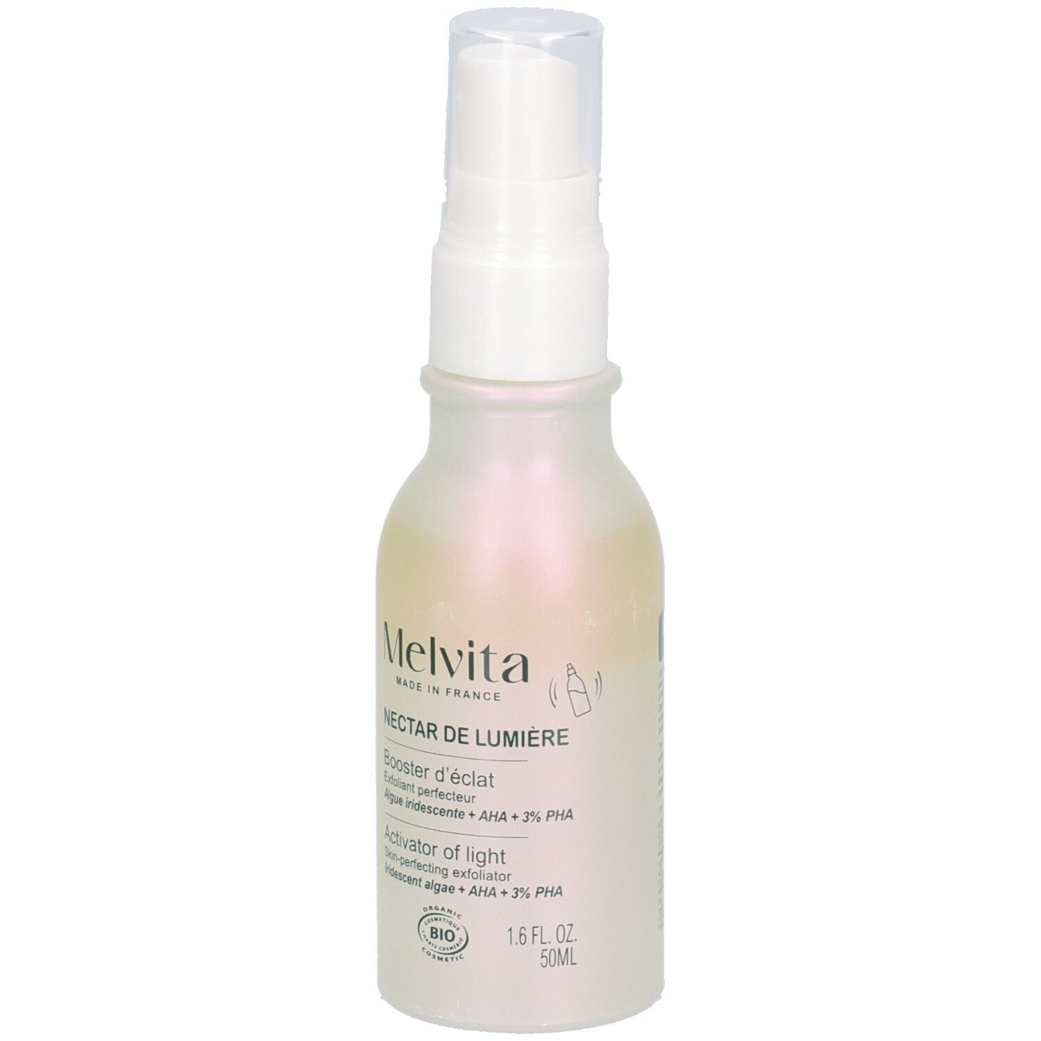 Flacon avec vaporisateur. Inscriptions: MELVITA, NECTAR DE LUMIERE, Booster d'éclat, Activator of light. Certification BIO.