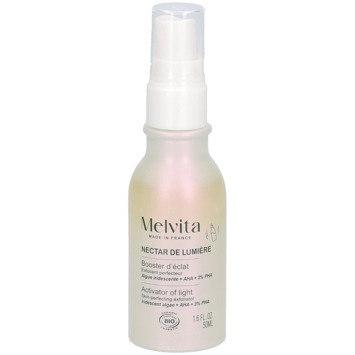 Flacon avec vaporisateur. Inscriptions: MELVITA, NECTAR DE LUMIERE, Booster d'éclat, Activator of light. Certification BIO.