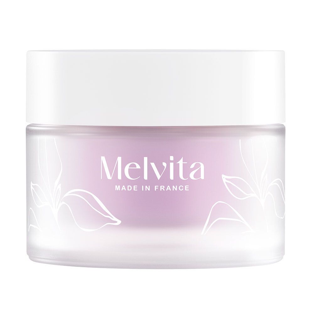 Pot de crème avec couvercle. Inscription Melvita, Made in France. Motif floral.