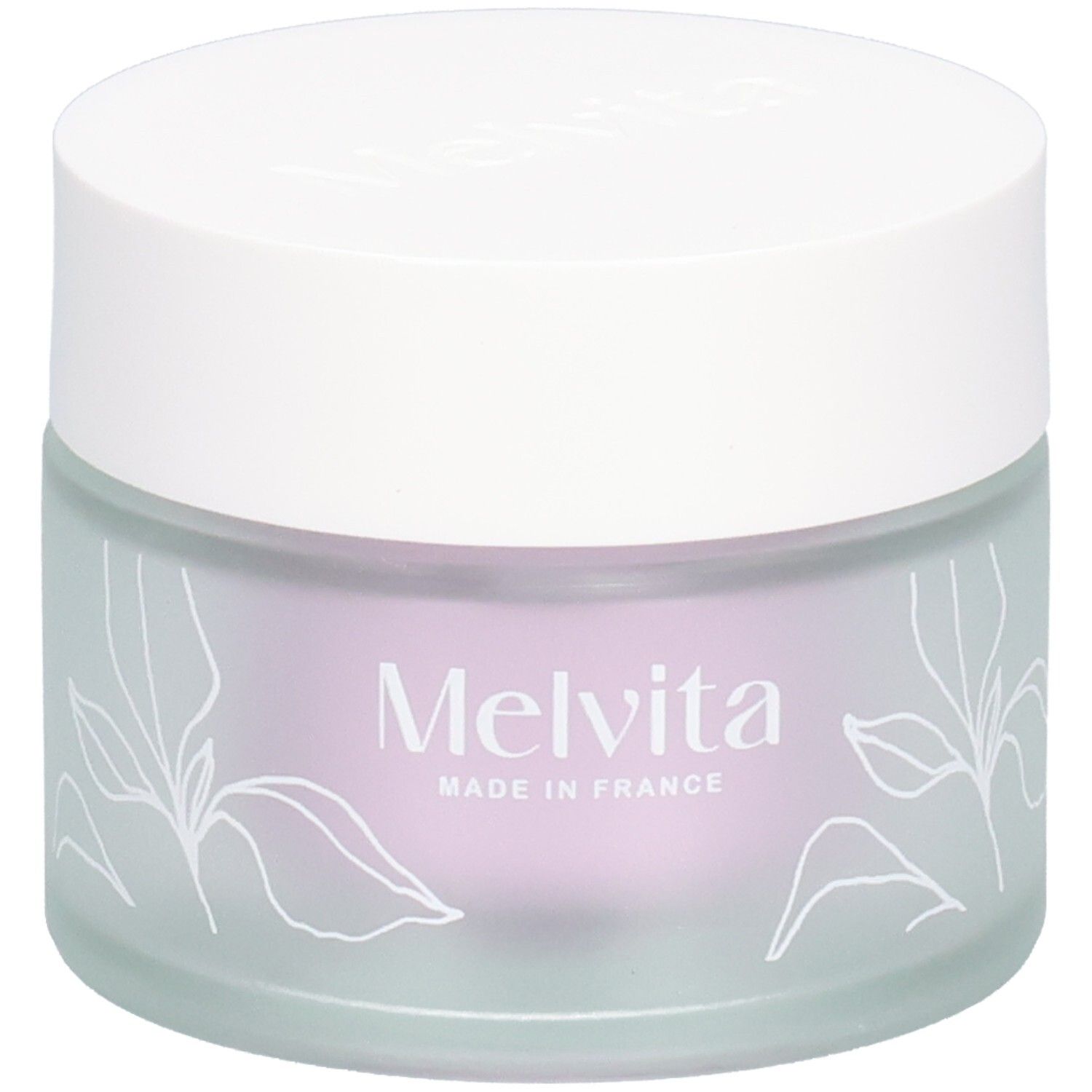 Pot de crème avec couvercle blanc. Motifs floraux et inscription Melvita, Made in France, sur le verre.