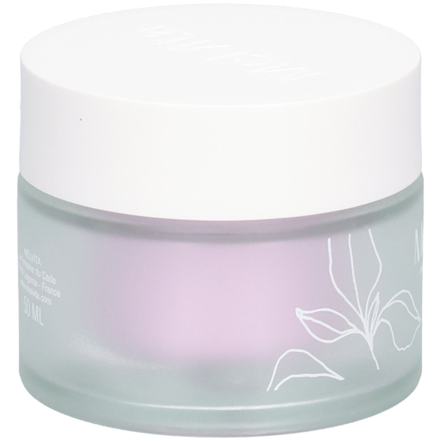 Pot de crème avec couvercle blanc. Motifs floraux et inscriptions Melvita et 50 ML sur le verre.