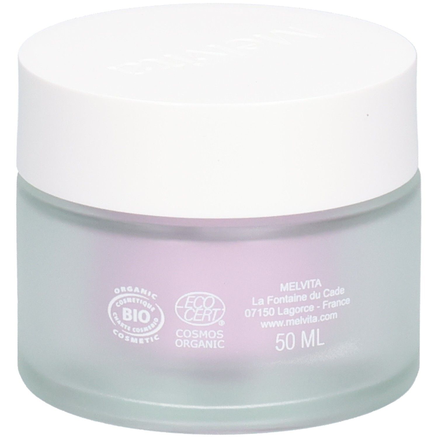 Pot de crème avec couvercle blanc. Logos et inscriptions Melvita et 50 ML sur le verre.