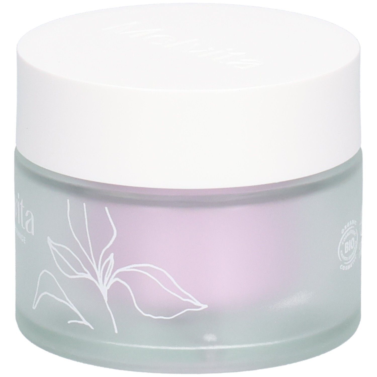 Pot de crème avec couvercle blanc. Motifs floraux et logos sur le verre.