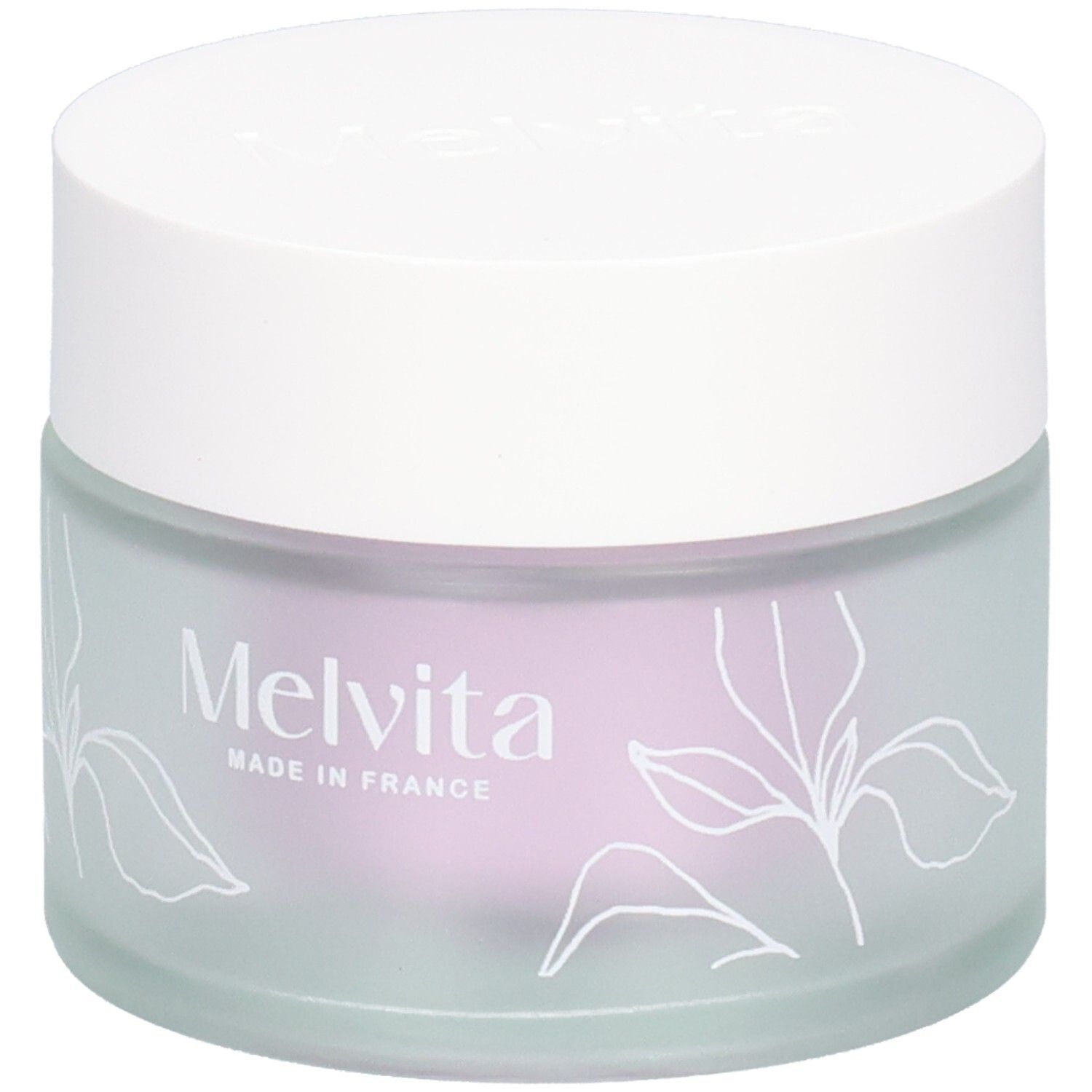 Pot de crème avec couvercle blanc. Motifs floraux et inscription Melvita, Made in France, sur le verre.