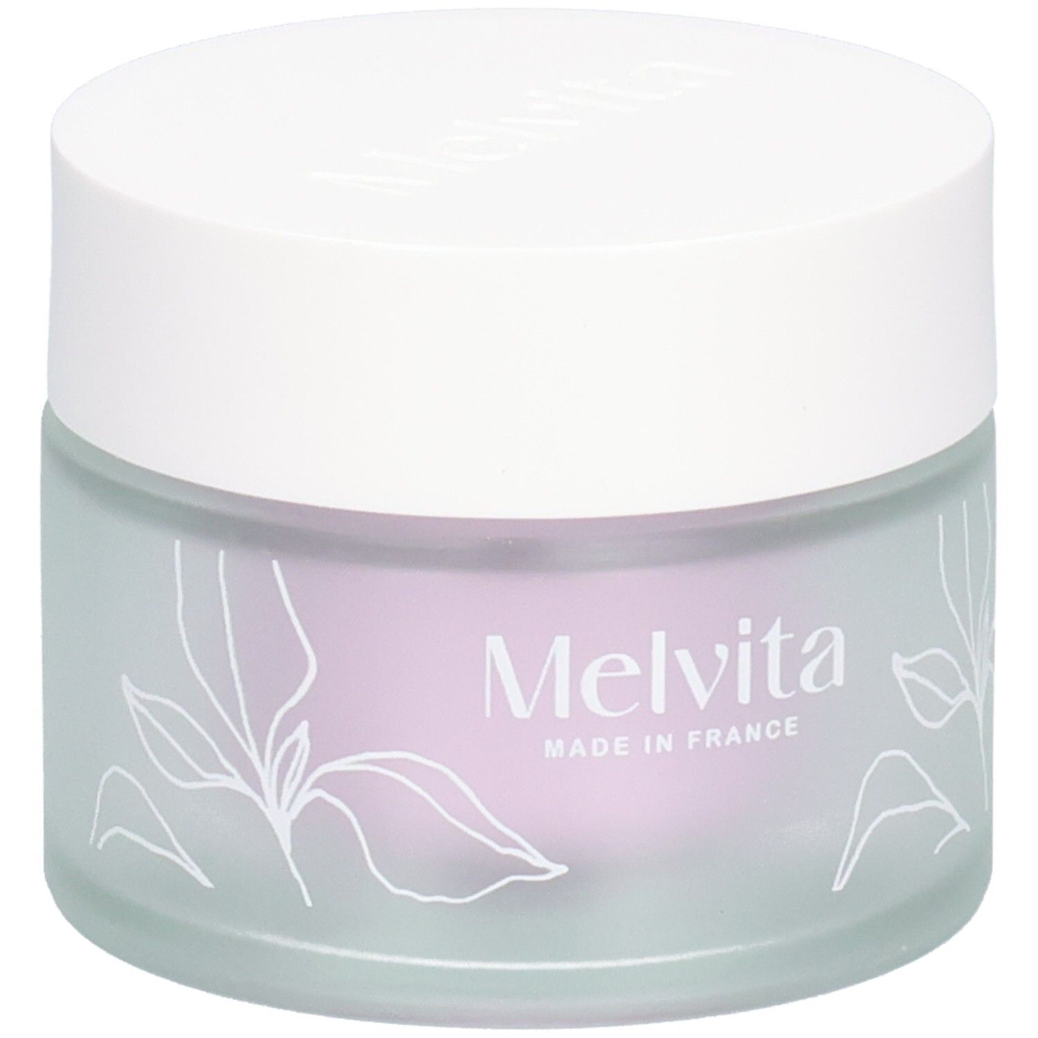 Pot de crème avec couvercle blanc. Motifs floraux et inscription Melvita, Made in France, sur le verre.