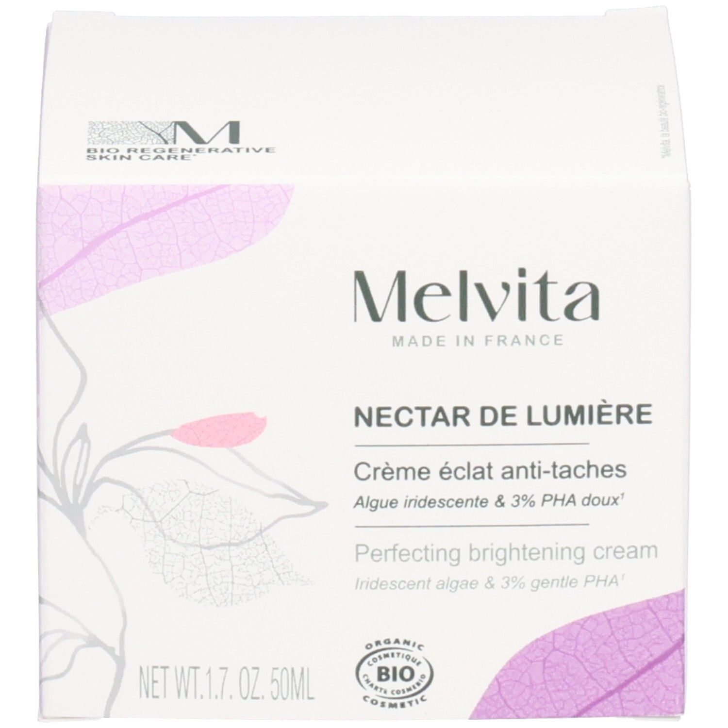 Emballage du produit avec l'inscription Melvita Nectar de Lumière. Des logos et des informations sur le produit sont visibles.