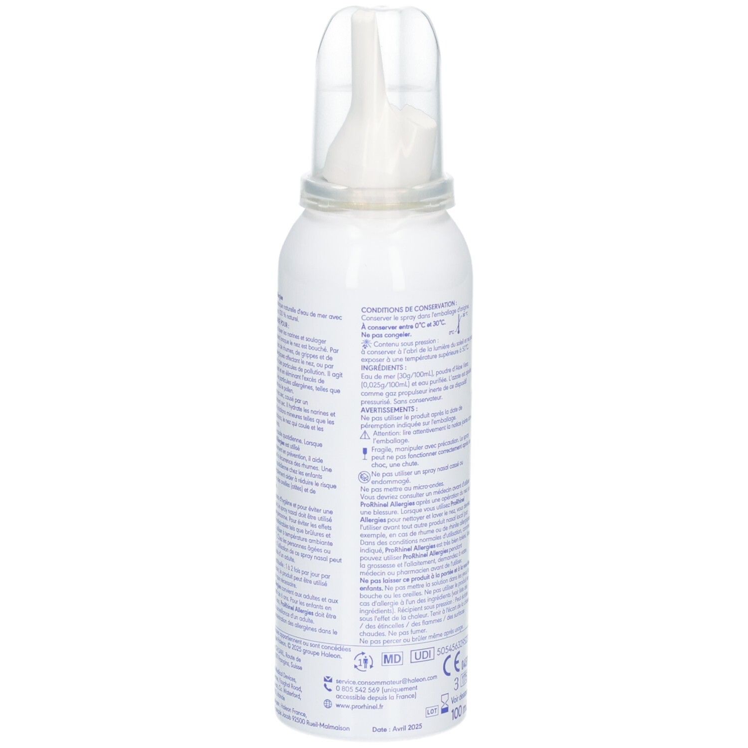 Arrière du flacon spray nasal Prorhinel avec instructions d'utilisation.