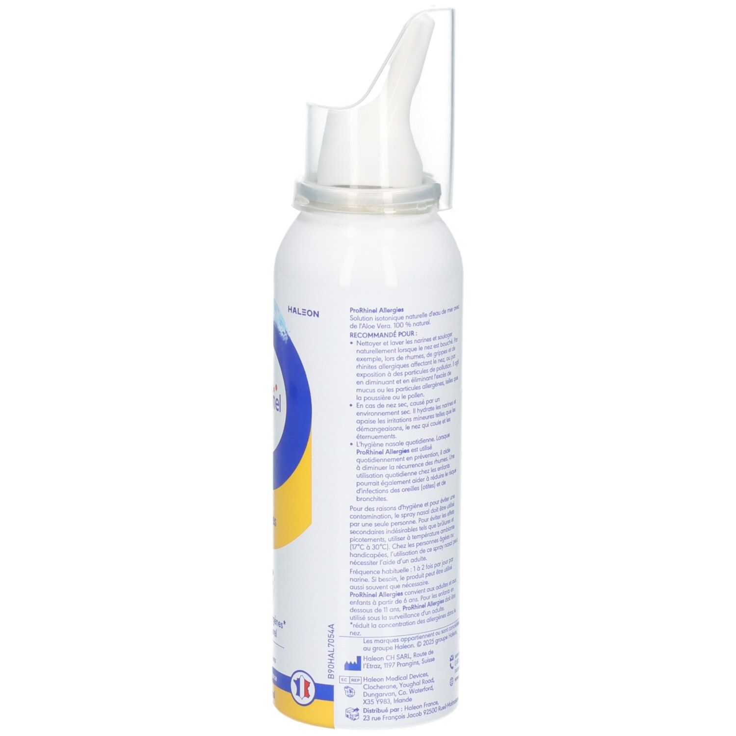 Vue latérale du flacon spray nasal Prorhinel avec applicateur.