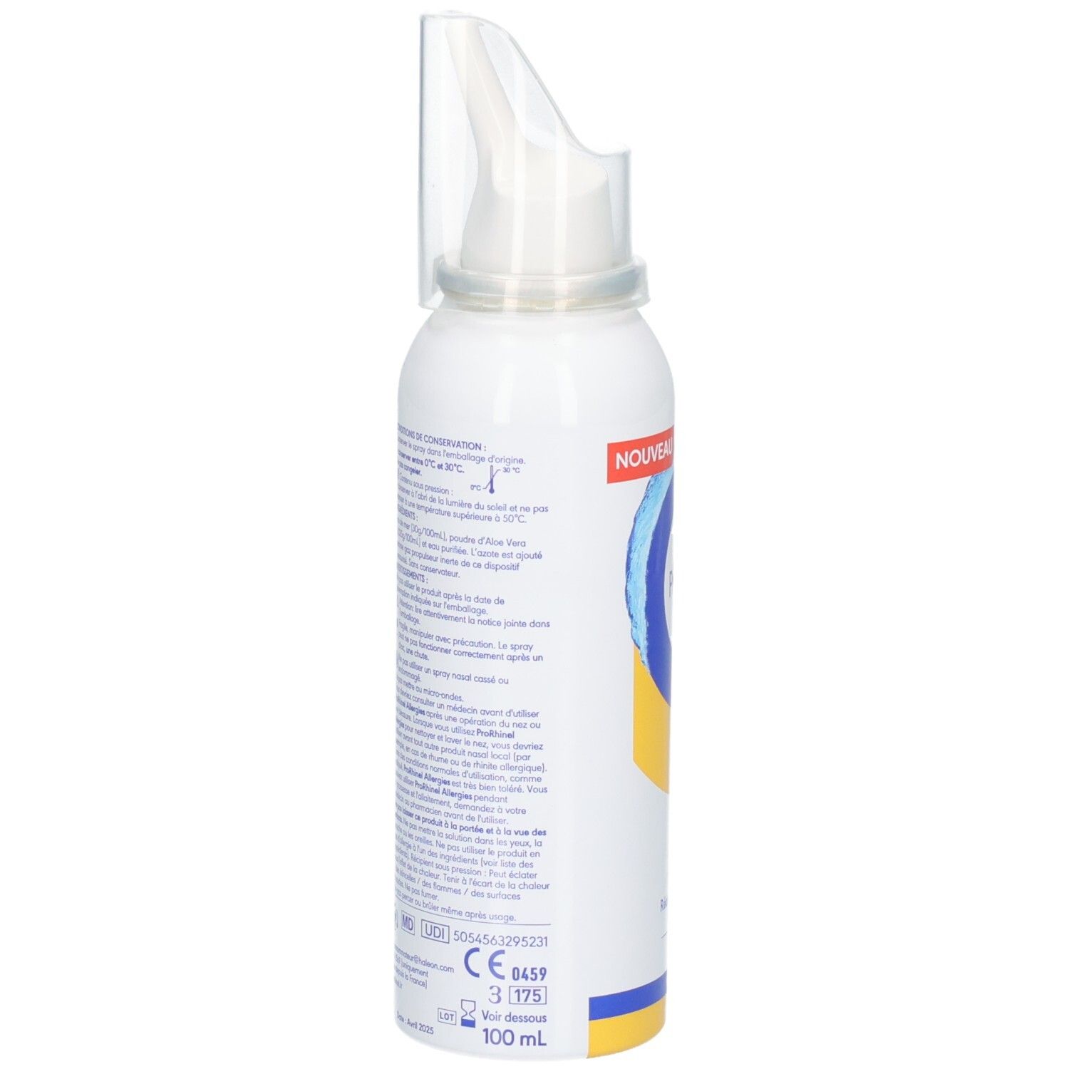 Flacon spray nasal Prorhinel avec applicateur, 100ml, avec informations détaillées.