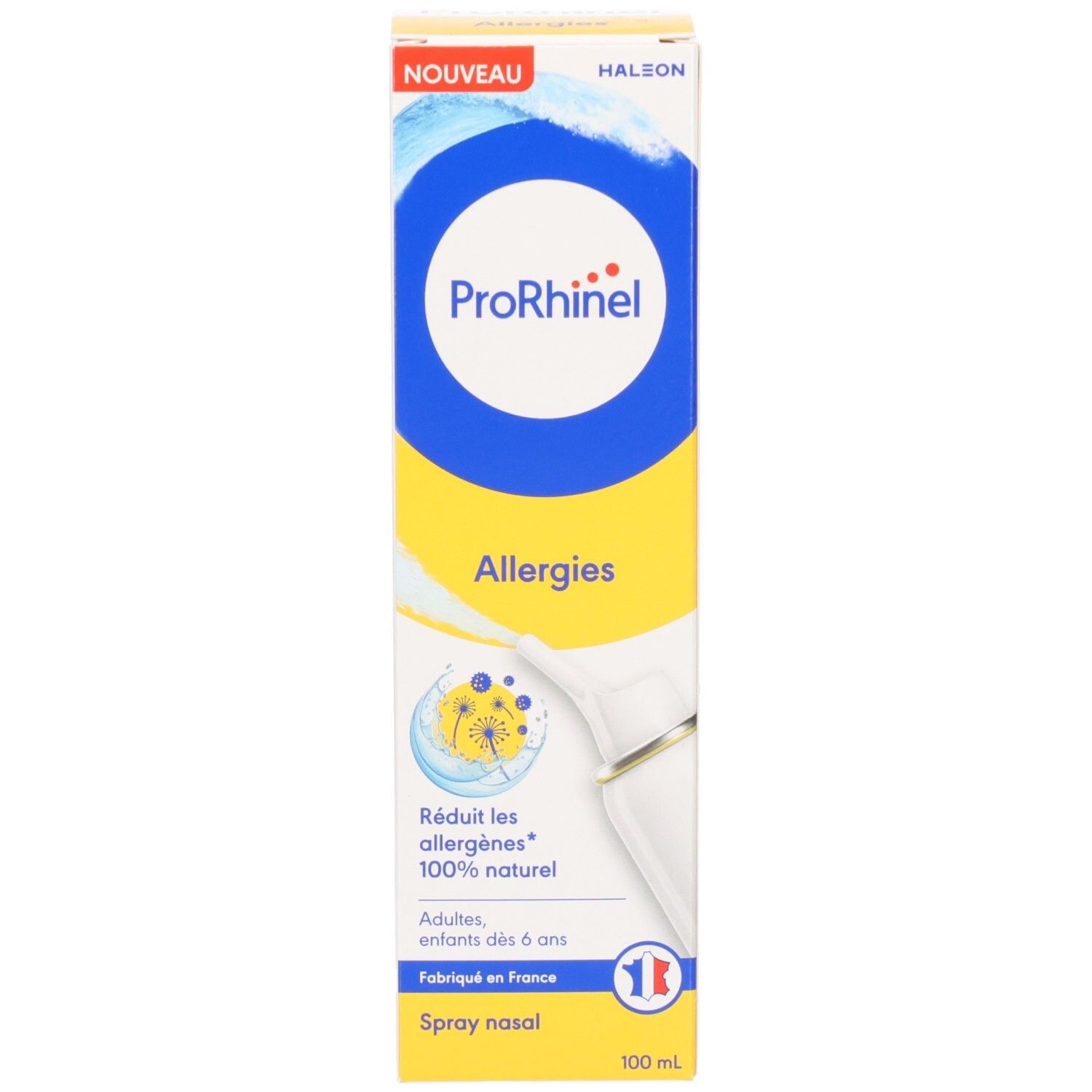 Emballage spray nasal Prorhinel, 100ml, mention 'Nouveau'.