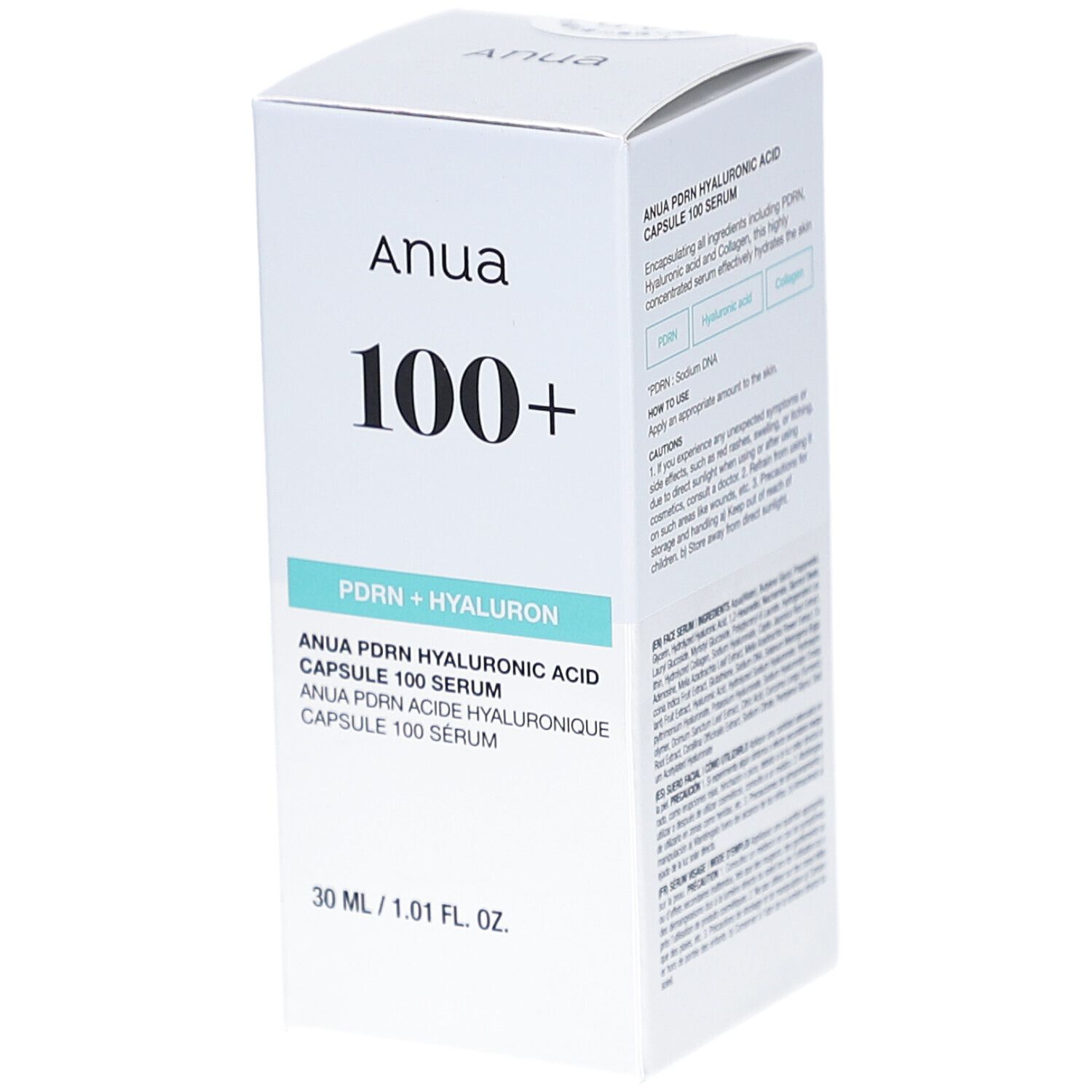 Boîte blanche avec texte bleu. Inscription: Anua, 100+, PDRN + HYALURON. Nom du produit et indication de volume.
