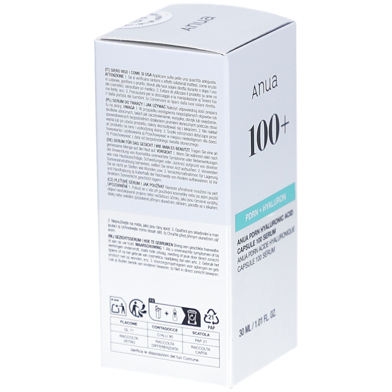 Emballage du produit avec texte multilingue. Inscription: Anua, 100+, PDRN + HYALURON. Informations d'utilisation.