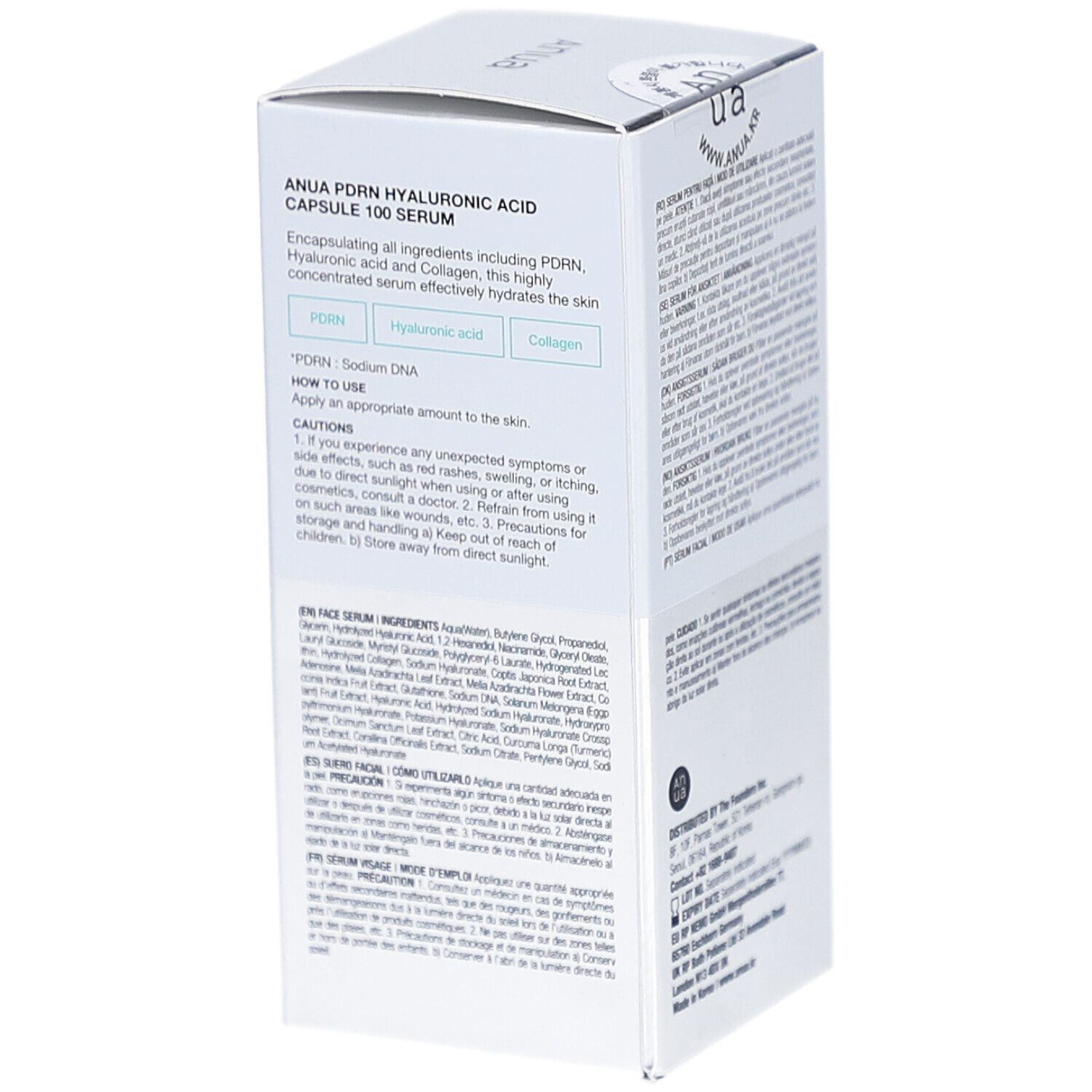Emballage du produit avec texte multilingue. Inscription: Anua. Informations sur les ingrédients et l'utilisation.