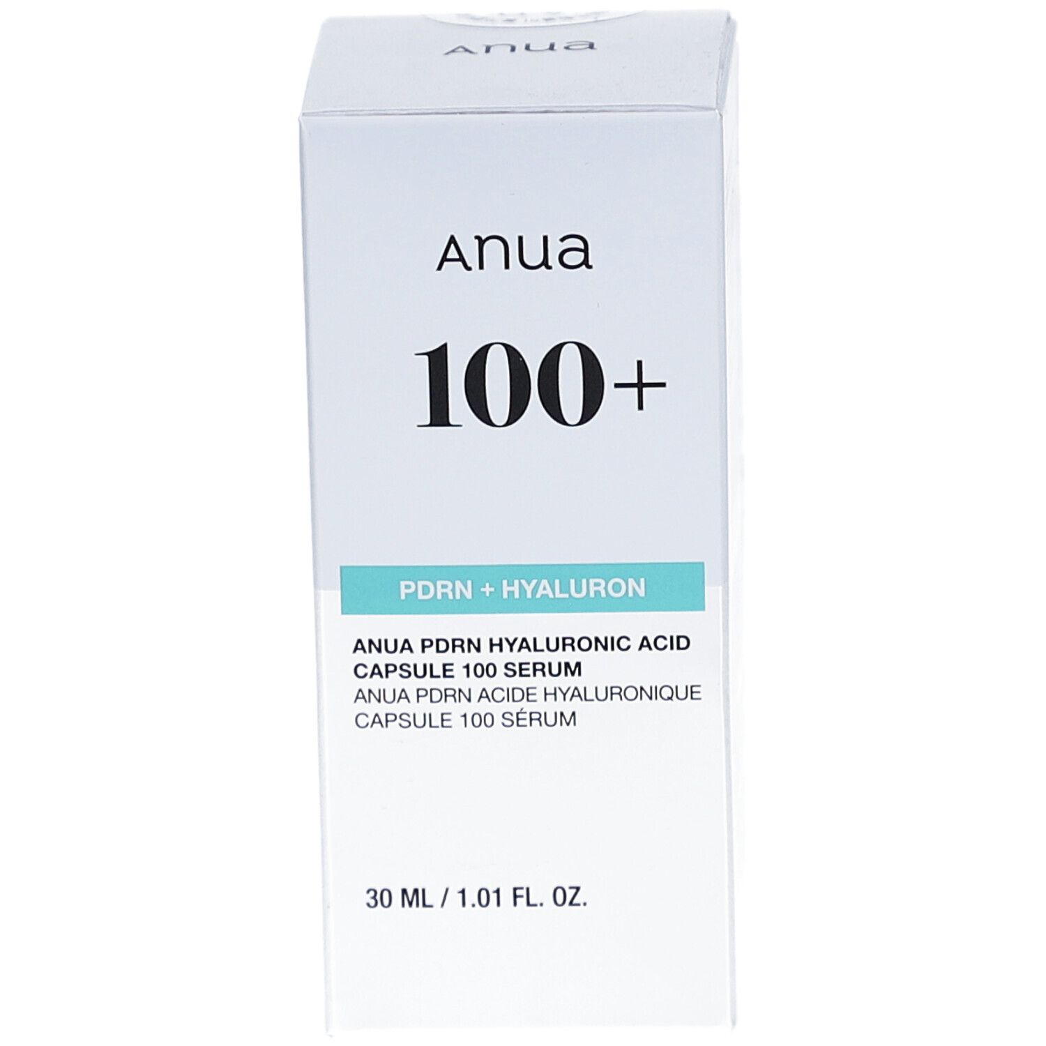 Boîte blanche avec texte bleu. Inscription: Anua, 100+, PDRN + HYALURON. Nom du produit et indication de volume.