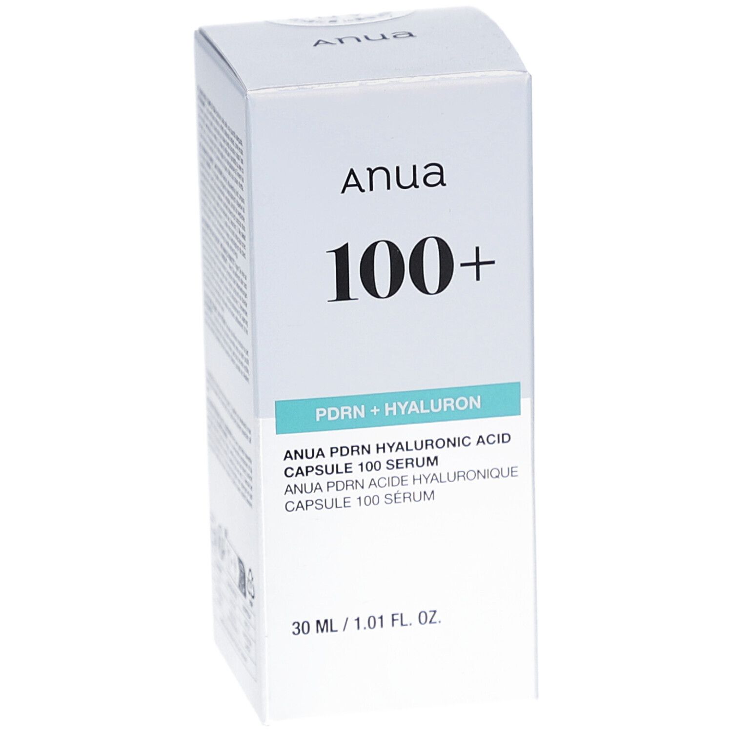 Boîte blanche avec texte bleu. Inscription: Anua, 100+, PDRN + HYALURON. Nom du produit et indication de volume.