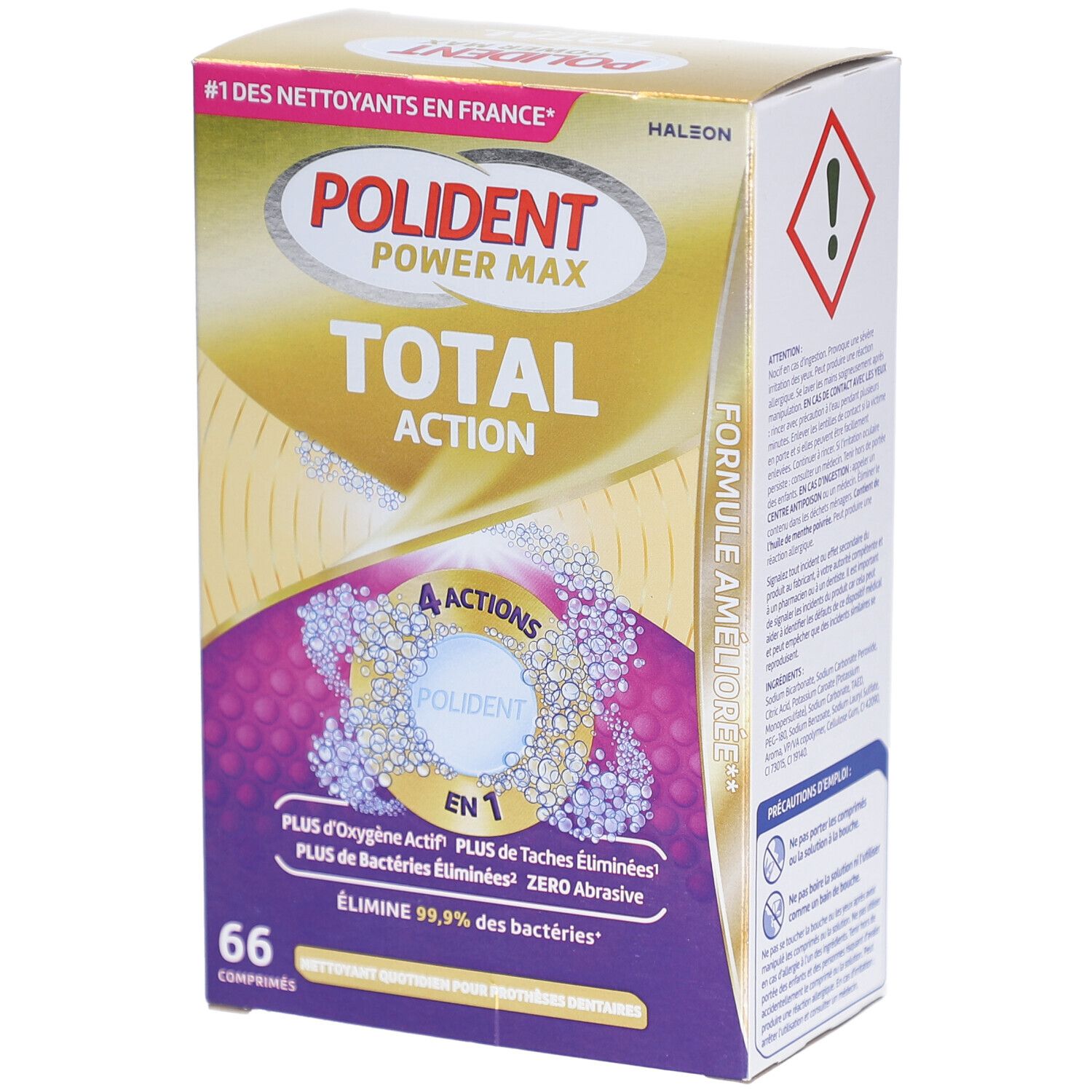 Boîte POLIDENT Power Max Total Action. Contient 66 comprimés. Emballage doré et violet avec nom et logos du produit.