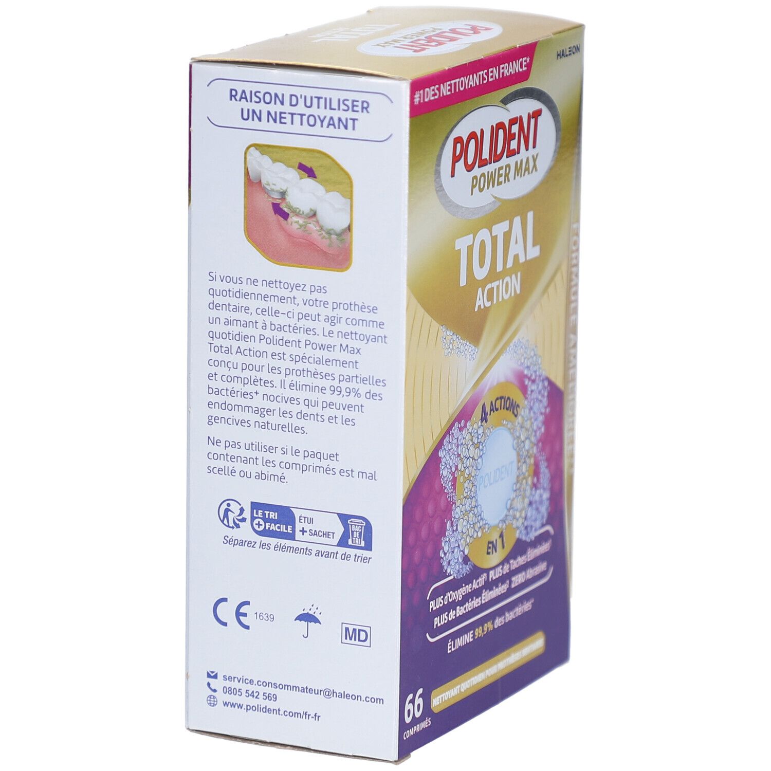 Vue latérale de la boîte POLIDENT Power Max Total Action. Texte avec informations sur le produit et logos. Contient 66 comprimés.