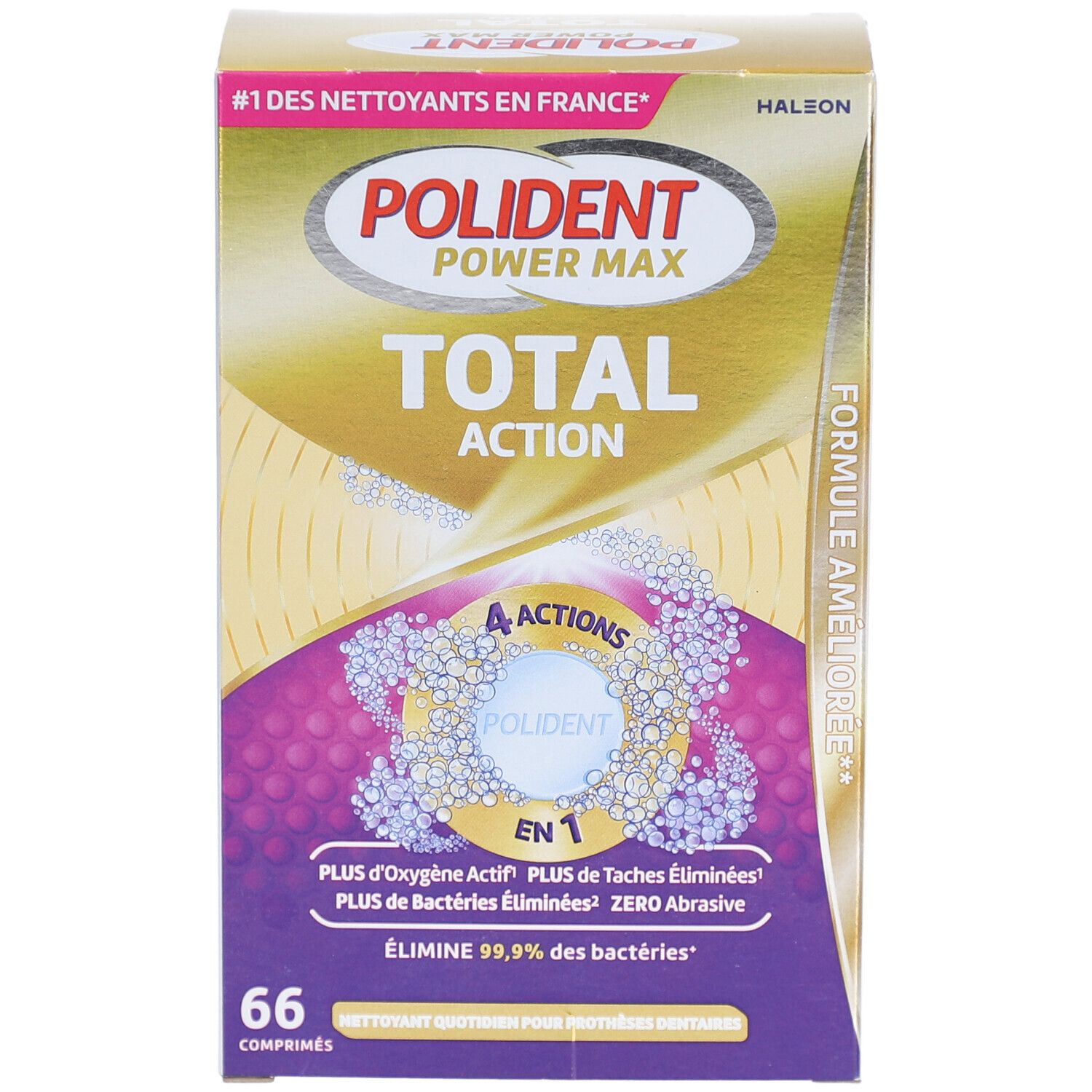 Boîte POLIDENT Power Max Total Action. Contient 66 comprimés. Emballage doré et violet avec nom et logos du produit.