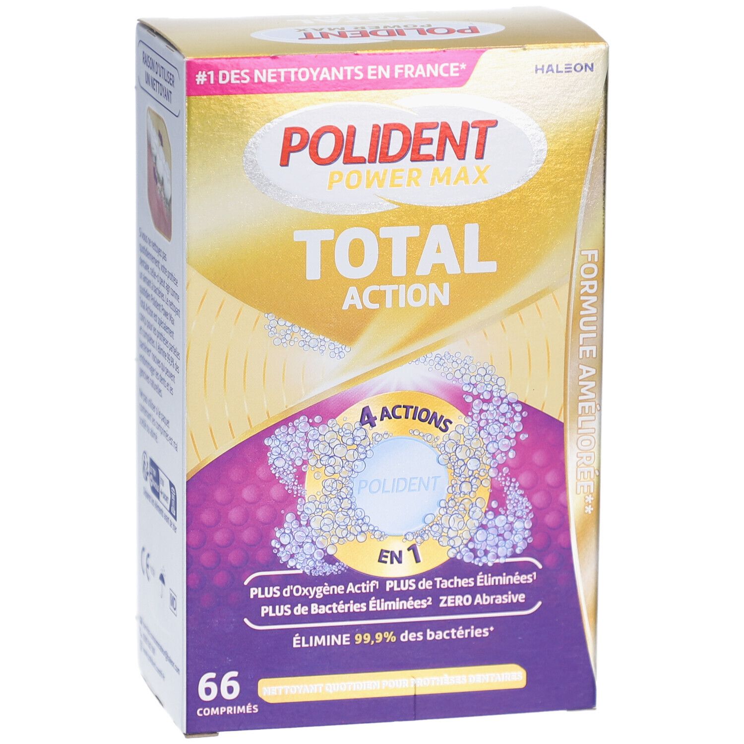 Boîte POLIDENT Power Max Total Action. Contient 66 comprimés. Emballage doré et violet avec nom et logos du produit.