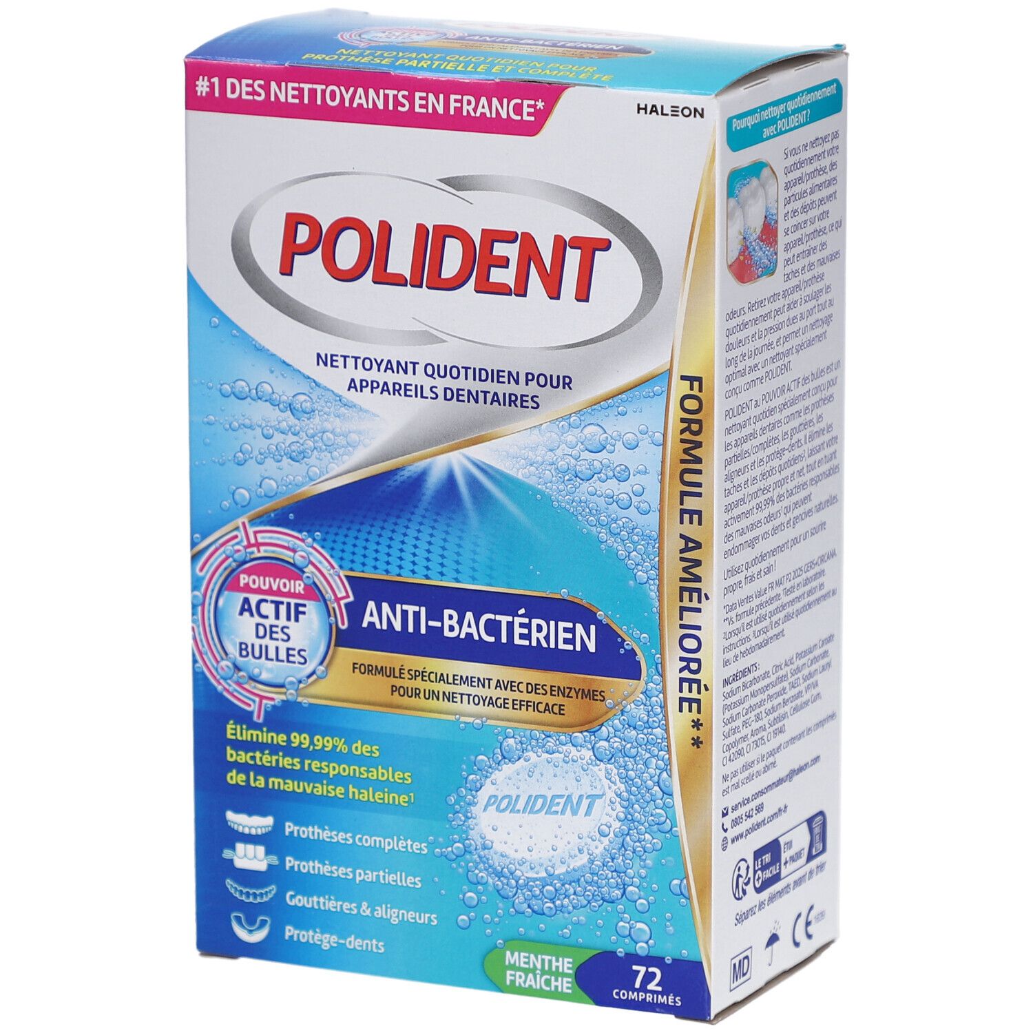 Boîte POLIDENT. Informations produit et logo. Contient 72 comprimés. Texte en français.