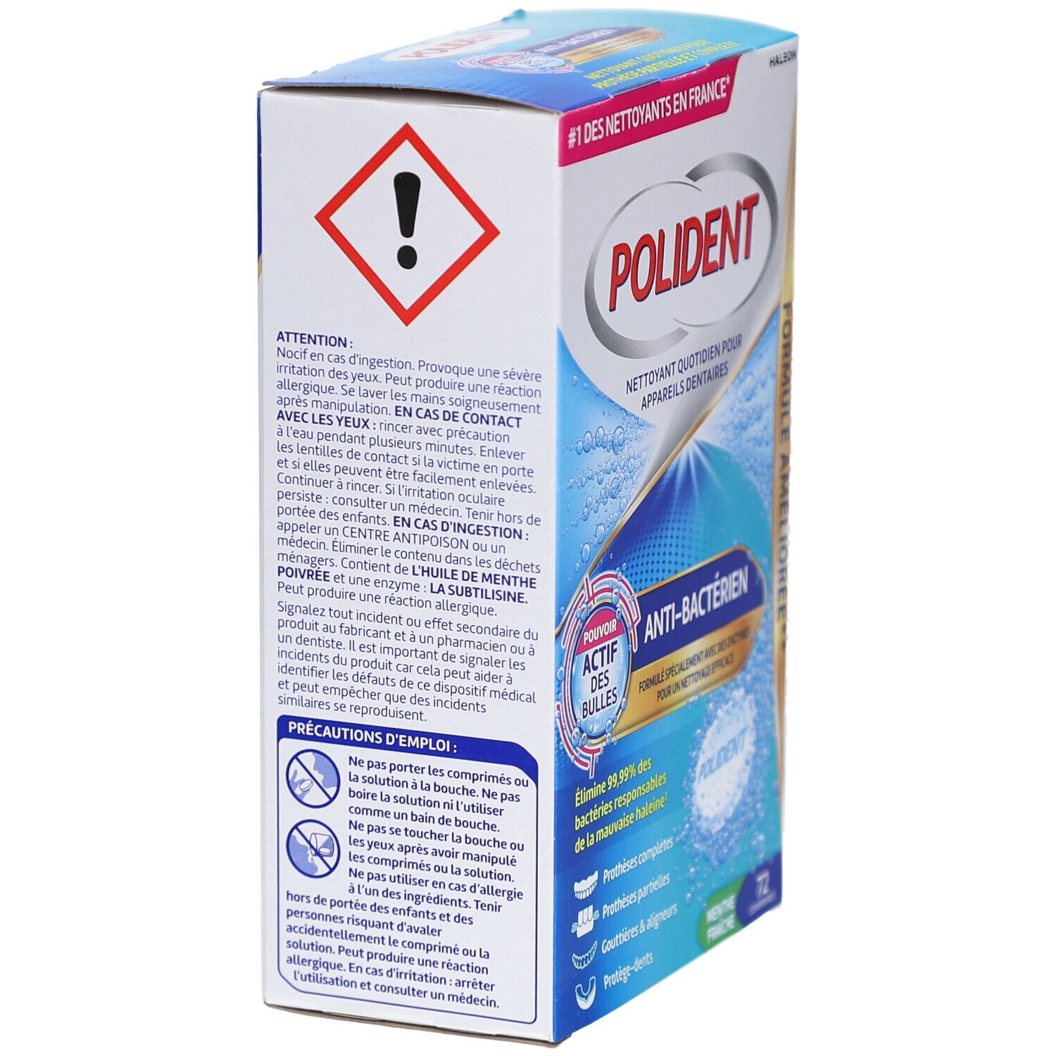 Dos de la boîte POLIDENT. Avertissements et informations produit. Texte en français.