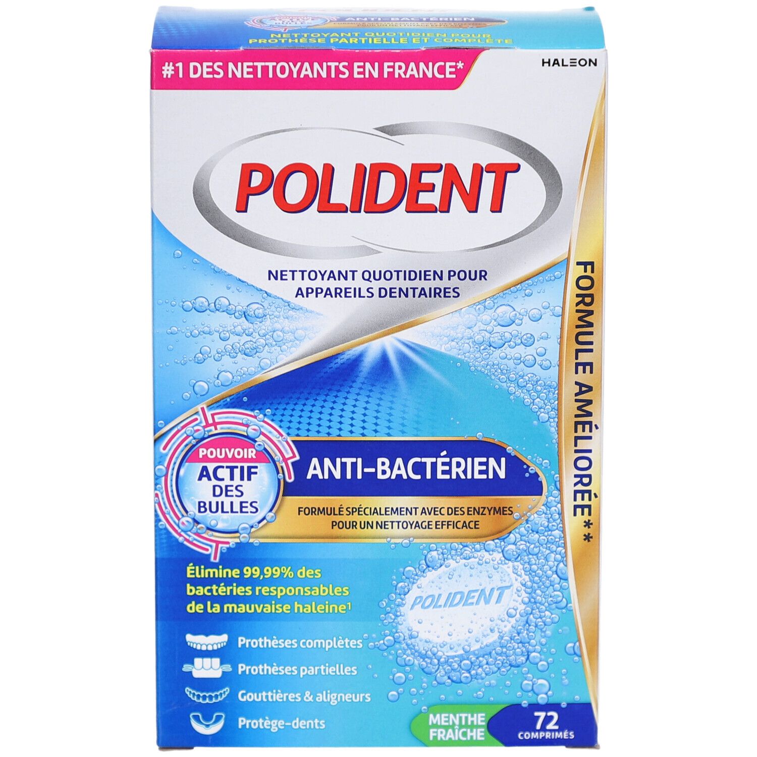 Boîte POLIDENT. Vue de face avec logo et informations produit. Contient 72 comprimés. Texte en français.