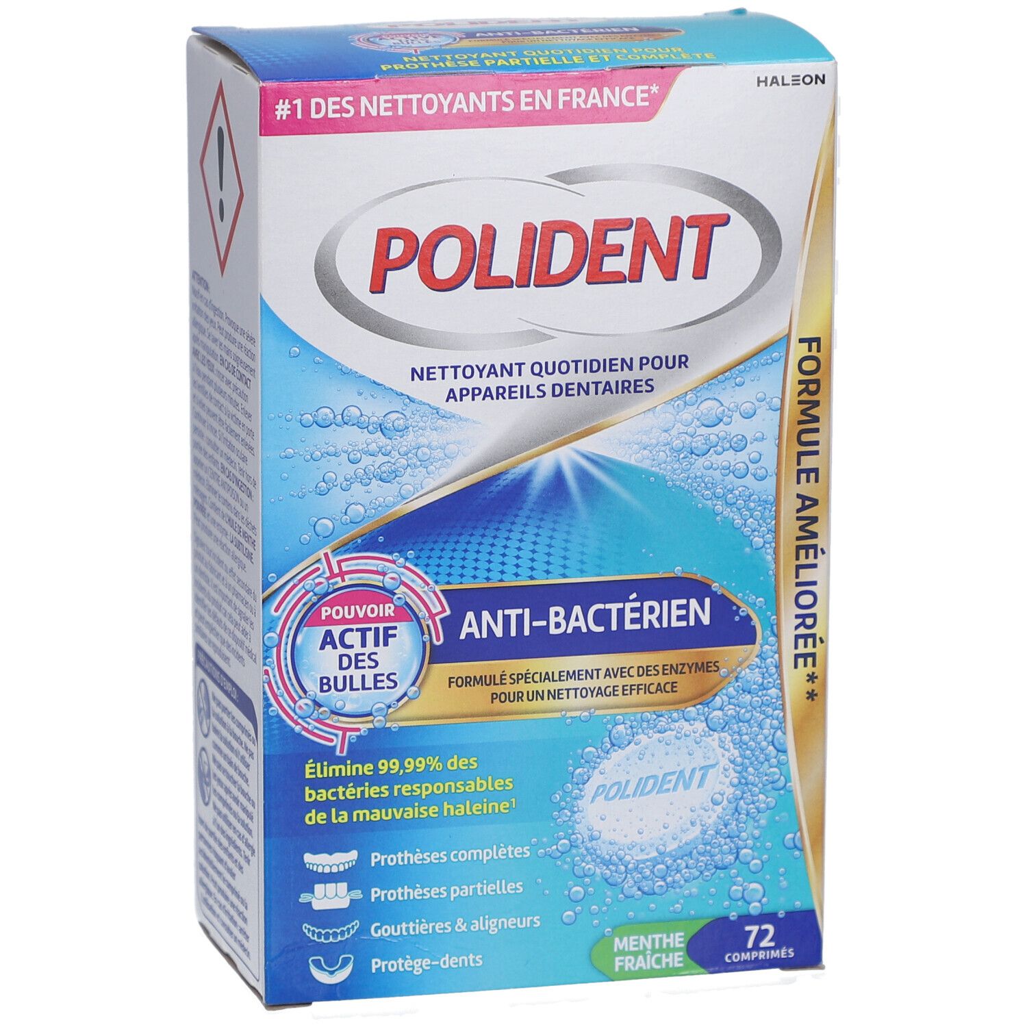 Boîte POLIDENT. Vue de face avec logo et informations produit. Contient 72 comprimés. Texte en français.