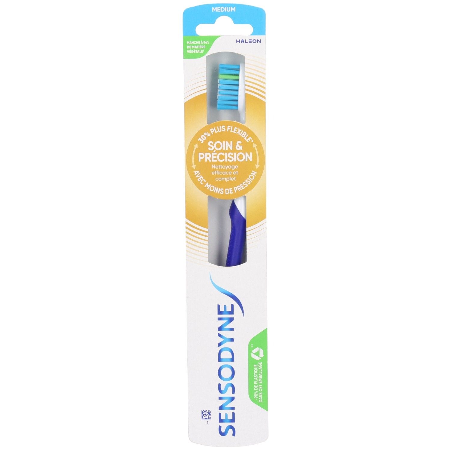 Brosse à dents Sensodyne avec manche bleu et poils bleus et verts. Emballage avec texte 'Soin & Précision'.