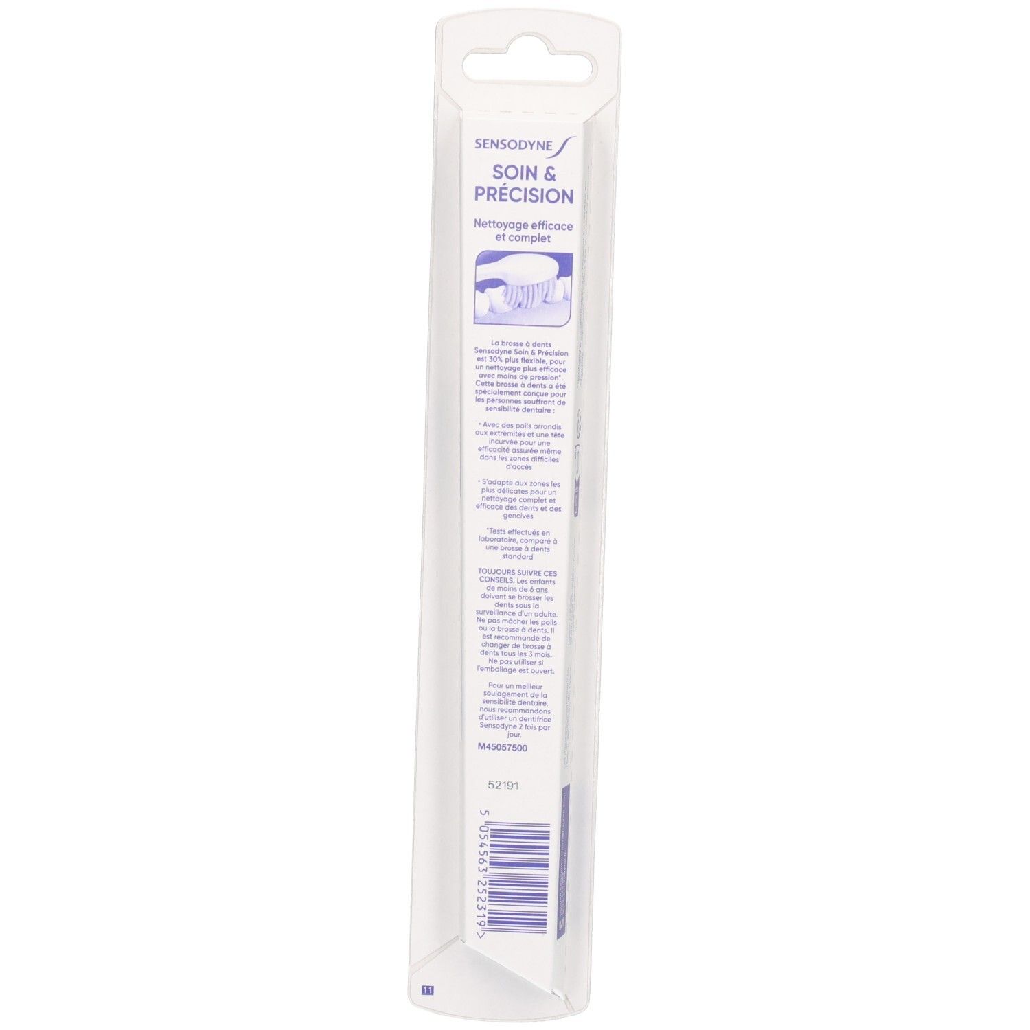 Brosse à dents Sensodyne Soin & Precision sous emballage transparent.