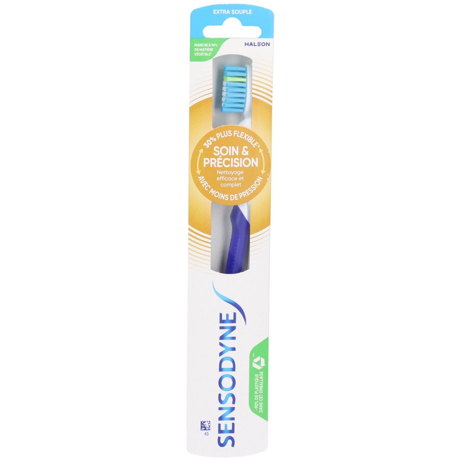 Brosse à dents dans emballage. Soin & Précision, Extra Souple. Manche bleu, brins bleus. Marque Sensodyne.