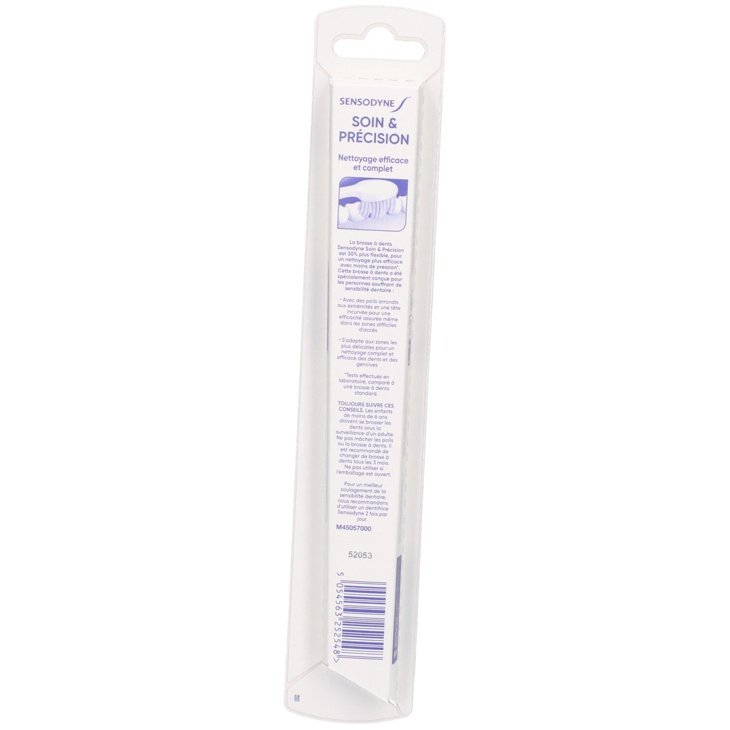 Dos de l'emballage de la brosse à dents. Texte: Sensodyne, Soin & Précision. Code-barres et informations.