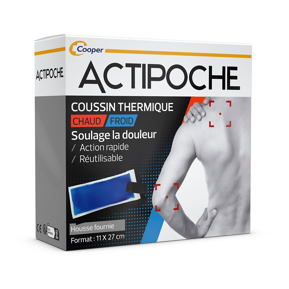 Boîte Cooper Actipoche, coussin thermique. Inscription: Actipoche, Coussin Thermique, Chaud/Froid, Soullage la douleur, 11 x 27 cm.