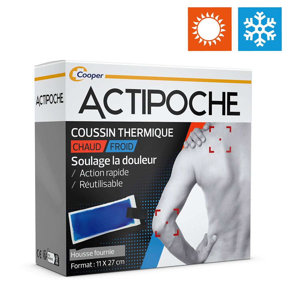 Boîte Cooper Actipoche, coussin thermique. Logos soleil/flocon. Inscription: Actipoche, Coussin Thermique, Chaud/Froid, Soullage la douleur, 11 x 27 cm.