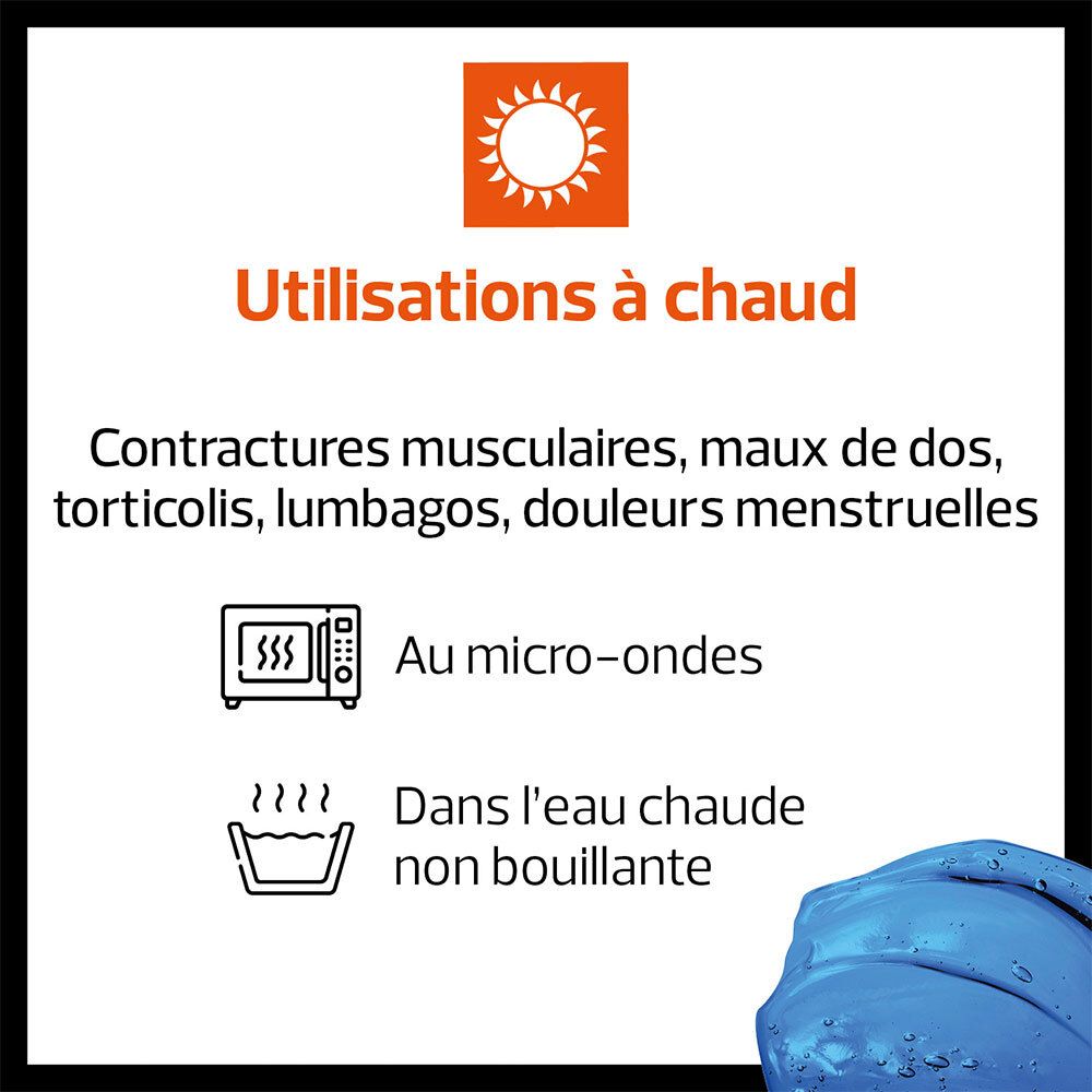 Instructions pour l'utilisation à chaud. Symboles: micro-ondes, eau chaude. Texte: Contractures musculaires, maux de dos, torticolis, douleurs menstruelles.