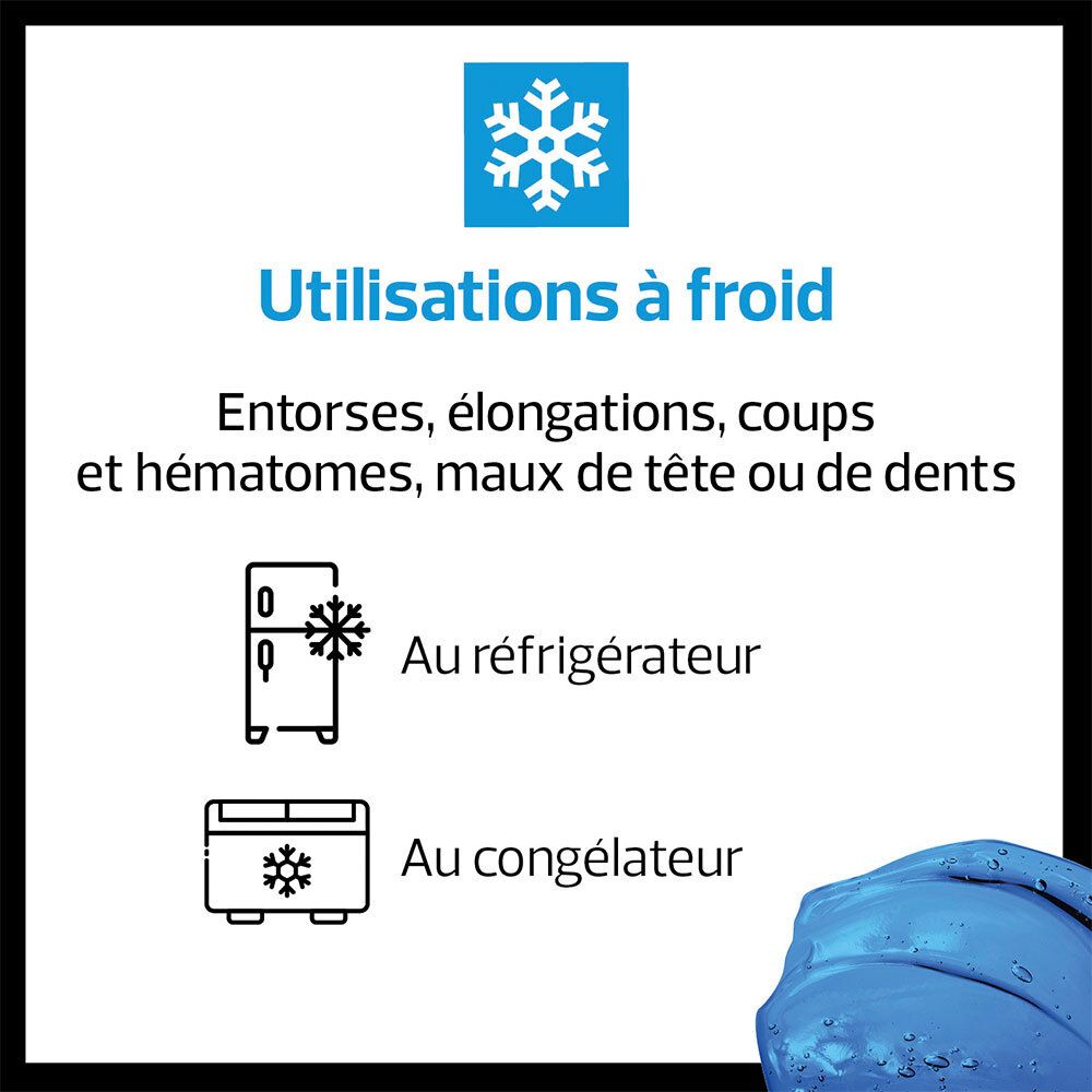 Instructions pour l'utilisation à froid. Symboles: réfrigérateur, congélateur. Texte: Entorses, élongations, coups et hématomes, maux de tête ou de dents.