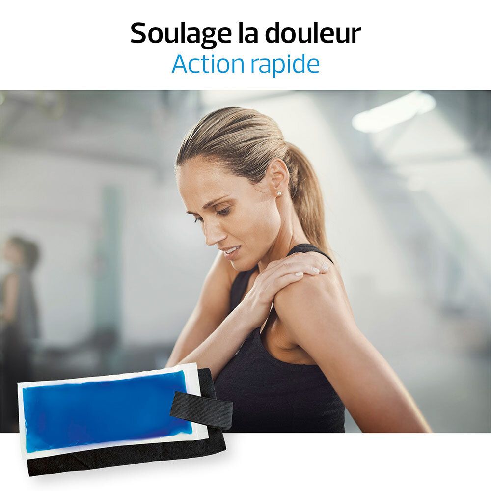 Femme avec douleur à l'épaule. Coussin de gel bleu avec bande noire. Texte: Soullage la douleur, Action rapide.
