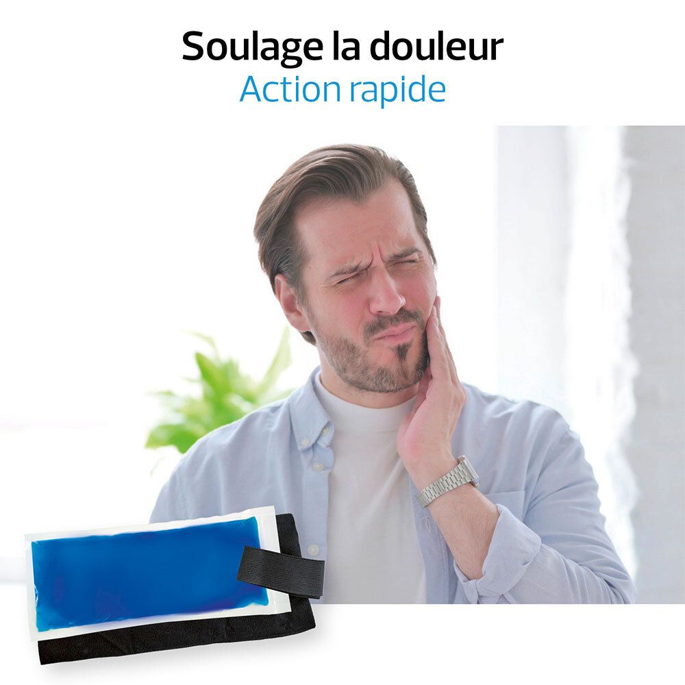 Homme avec mal de dents. Coussin de gel bleu avec bande noire. Texte: Soullage la douleur, Action rapide.