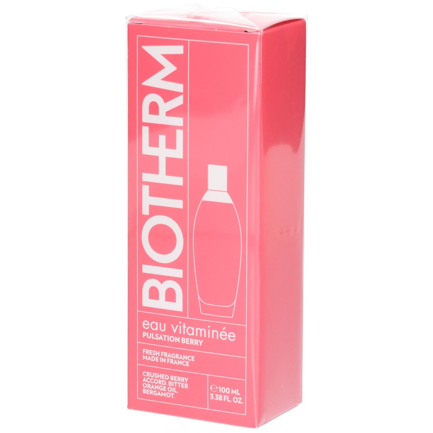 Boîte rose avec logo BIOTHERM et nom du produit. Contient une illustration du flacon. Texte: Eau Vitaminée, Pulsation Berry.