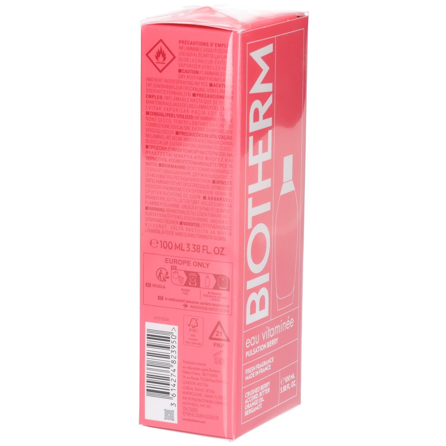 Dos de la boîte rose. Contient du texte et un code-barres. Logo BIOTHERM et nom du produit visibles. Texte: Eau Vitaminée, Pulsation Berry.
