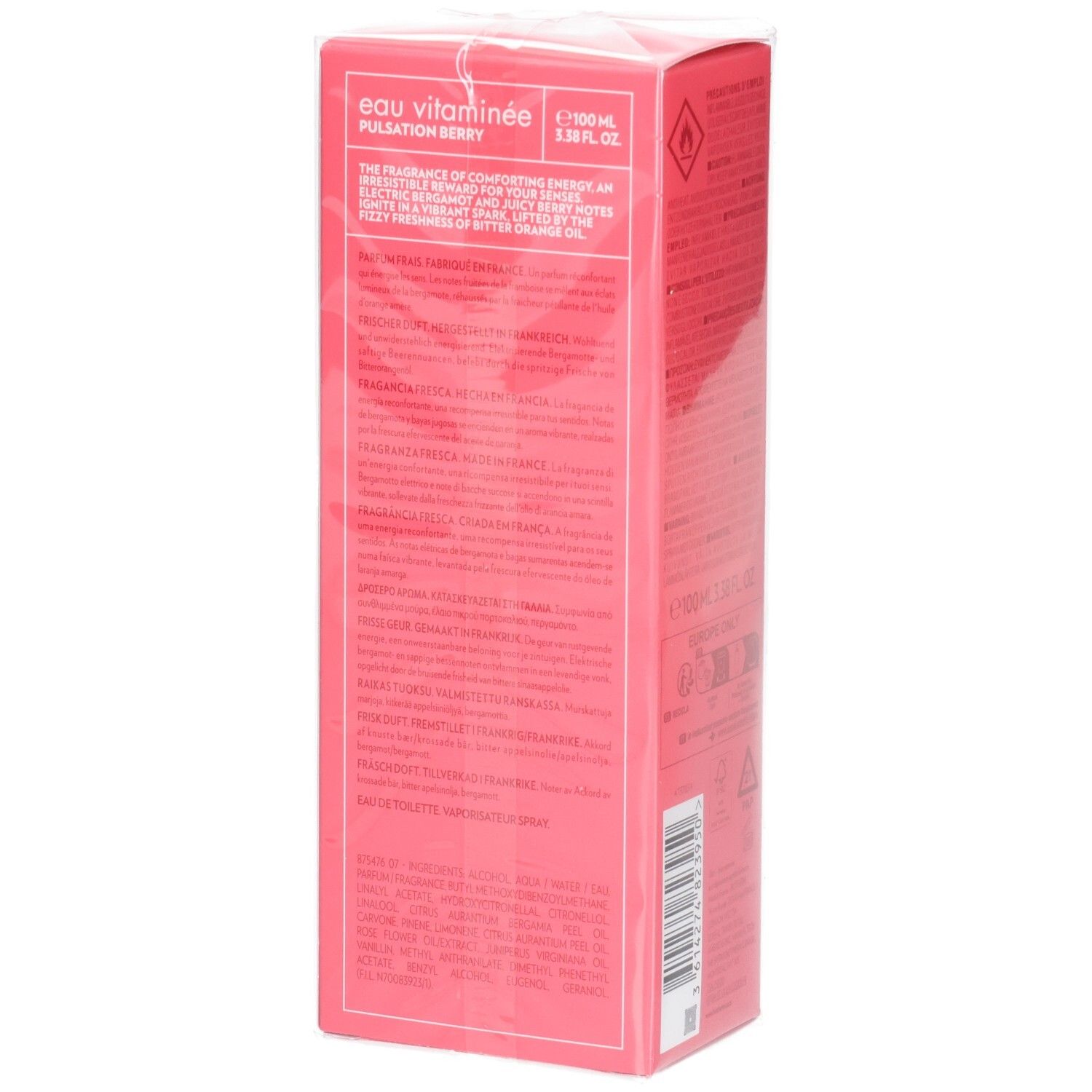 Côté de la boîte rose avec texte. Logo BIOTHERM et nom du produit visibles. Texte: Eau Vitaminée, Pulsation Berry. Emballage sous film.