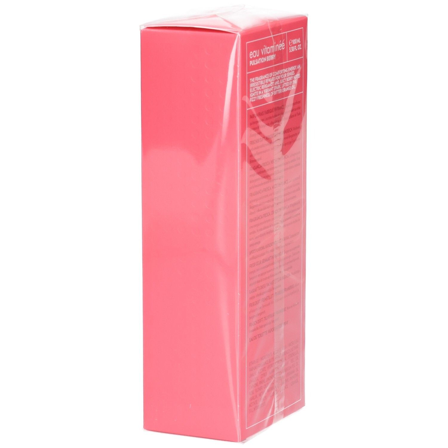 Boîte rose sous film. Aucun détail visible. Logo BIOTHERM et nom du produit visibles. Texte: Eau Vitaminée, Pulsation Berry.