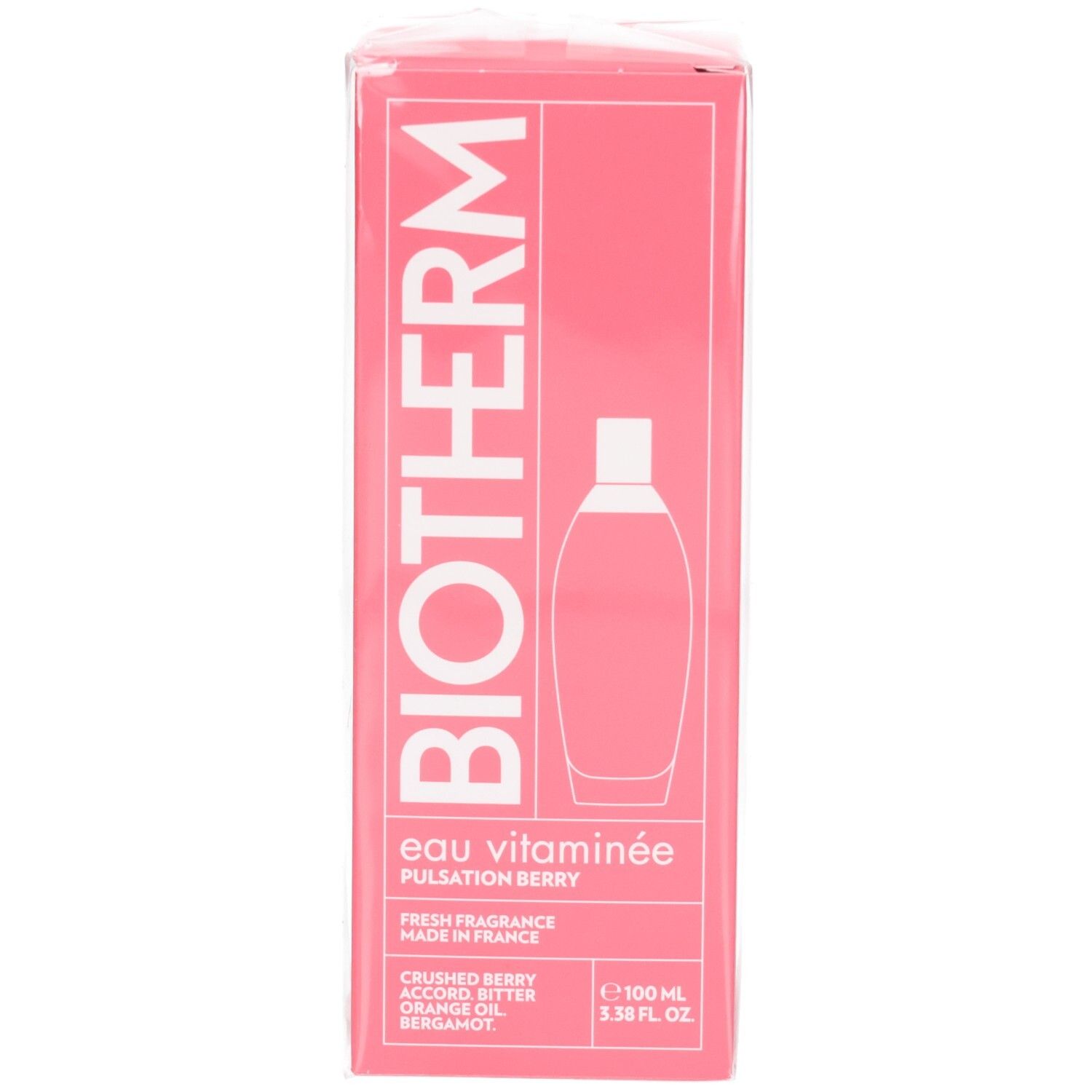 Biotherm Eau Vitaminee Pulsation Berry spray corporel, 100 ml. Emballage rose avec écriture blanche.
